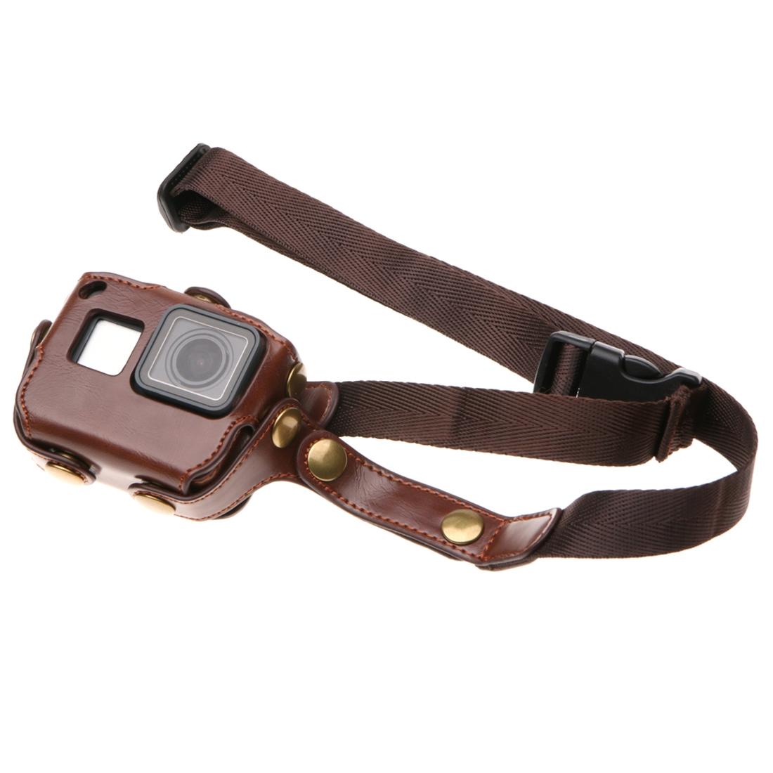 V562-Z2042ACD-202502241405-00 Leather Housing Case with Neck Strap and Buttons for Gopro Hero7 / 6 / 5 - Black - Brown - Image 1