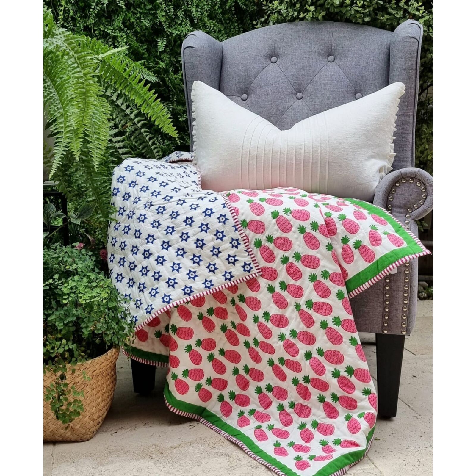 V563-0007-150384-00 GOTS Certified Organic Cotton Reversible Baby Quilt (100x120cm) - Pink Pineapple - Image 1