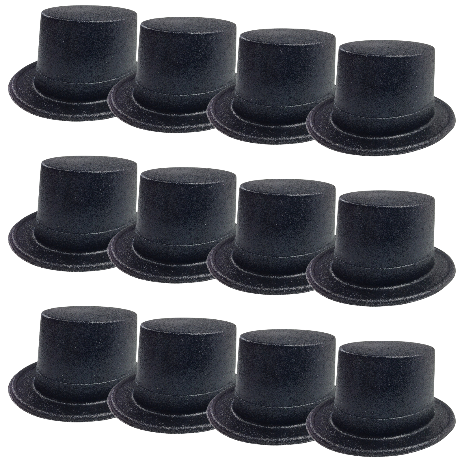 V563-12GLTRTOPHAT-BLK-197175-00 12x GLITTER TOP HAT Fancy Party Plastic Costume Tall Cap Fun Dress Up BULK - Black - Image 1