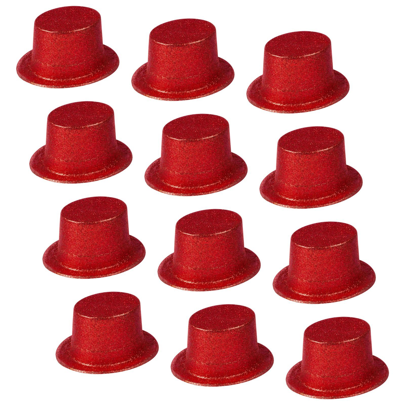 V563-12GLTRTOPHAT-RED-197199-00 12x GLITTER TOP HAT Fancy Party Plastic Costume Tall Cap Fun Dress Up BULK - Red - Image 1
