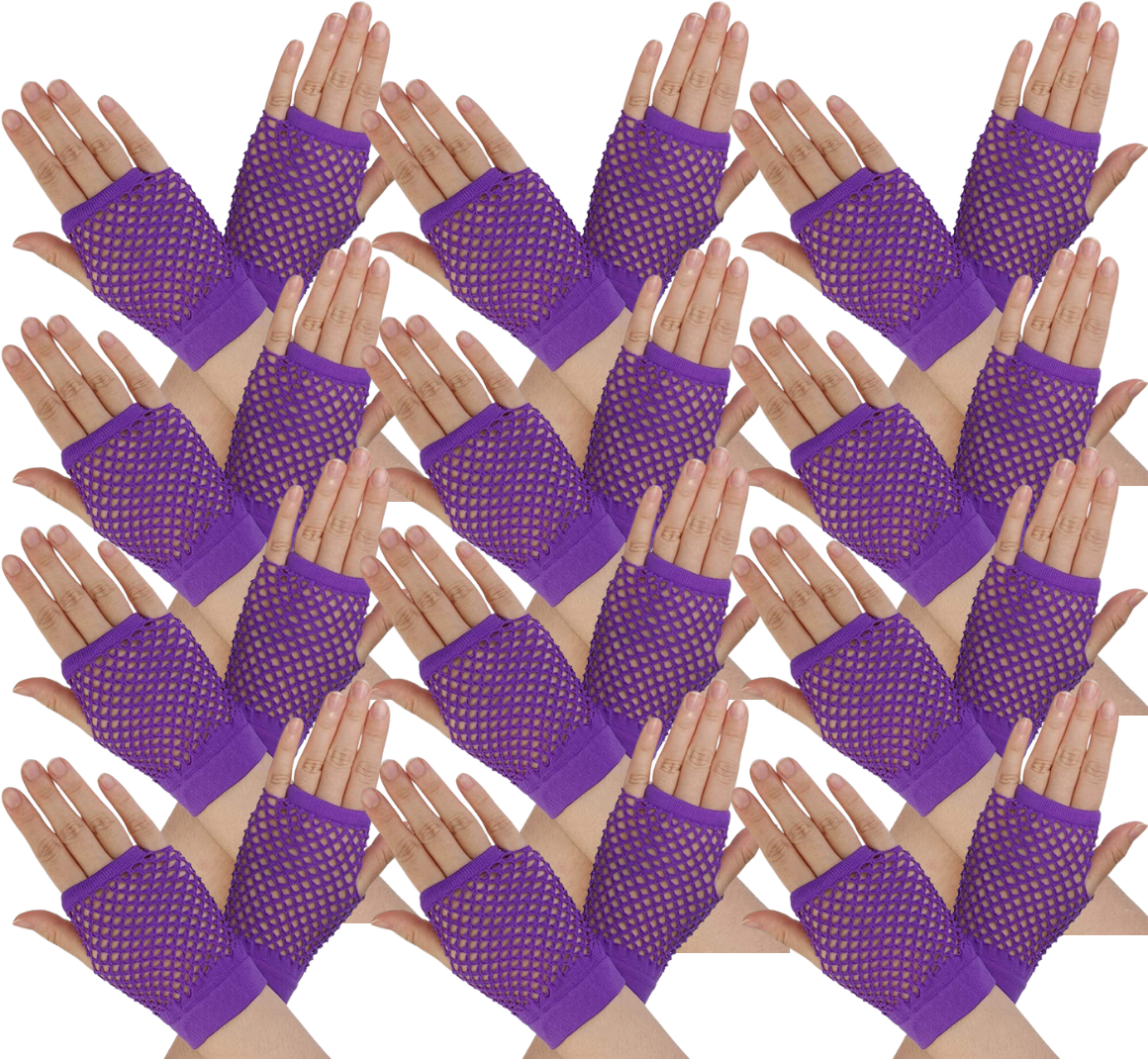 V563-12PCS-18510-PURPLE-184316-00 12 Pair Fishnet Gloves Fingerless Wrist Length 70s 80s Costume Party - Purple - Image 1