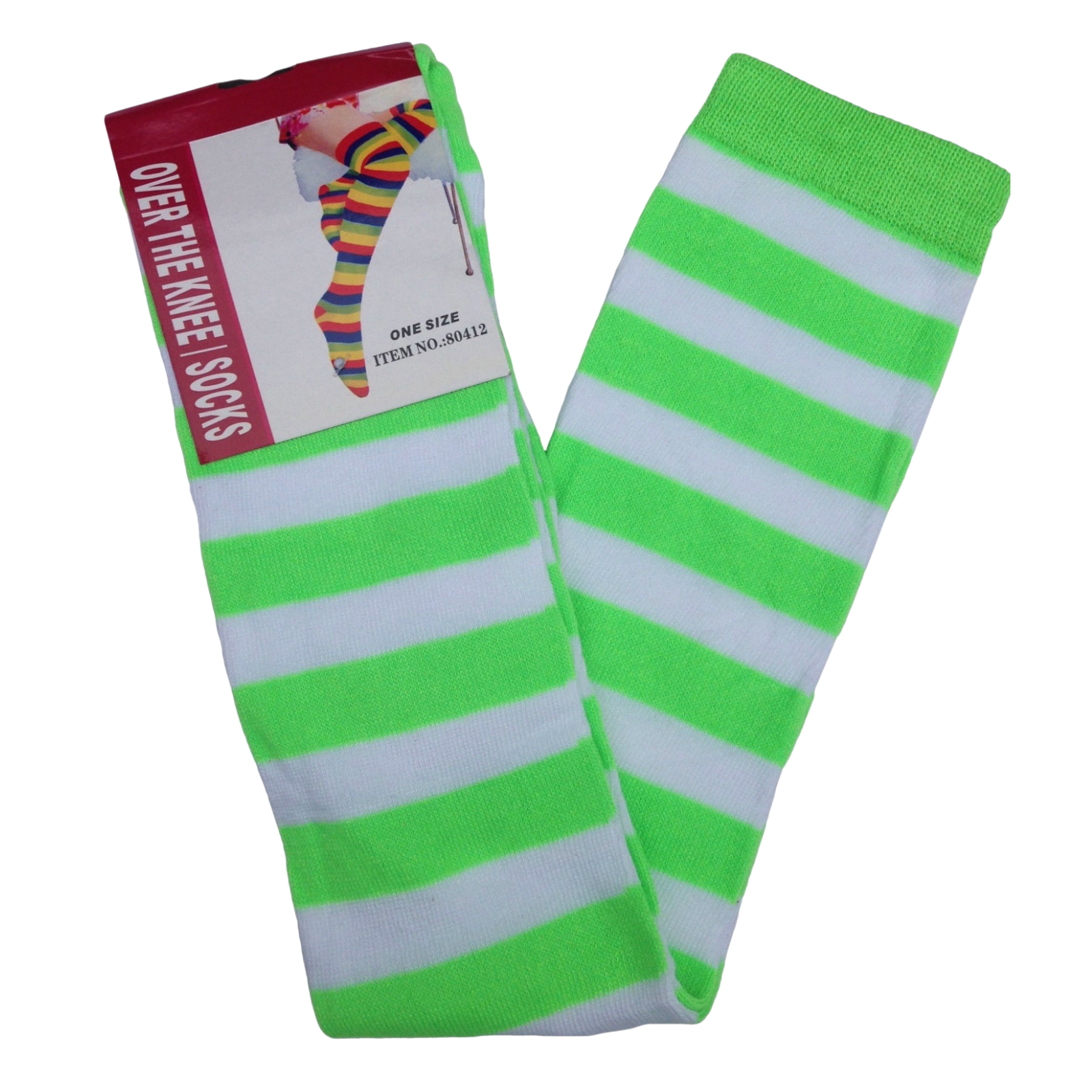 V563-15350-LIGHTGREEN_WHITE-184353-00 OVER THE KNEE SOCKS Plain Striped High Thigh Ladies Long Womens Stripey Stocking - Green/White - Image 1