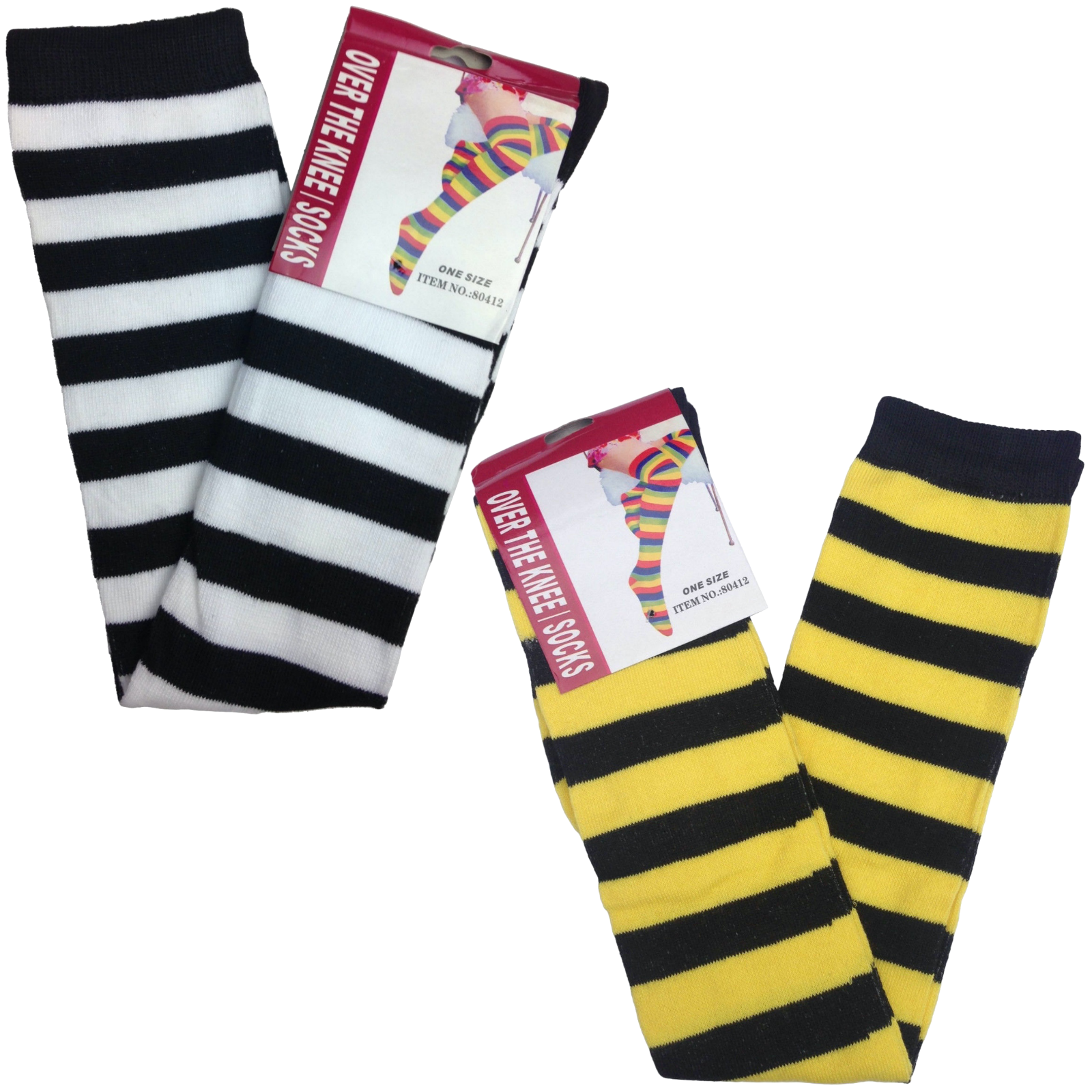 V563-15350_STRIPEDSOCKS-184601-00 2pc Set Over The Knee Socks Striped Black White Yellow High Thigh Long Stocking - Image 1
