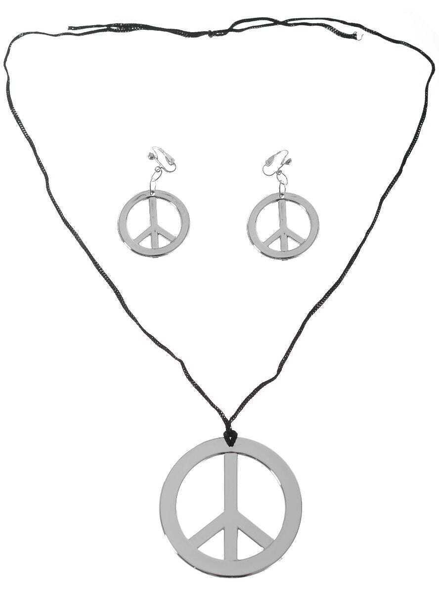 V563-16140-SILVER-185740-00 HIPPIE Necklace & Earring Set Peace Signs Party Costume Halloween 60s 70s - Silver - Image 1
