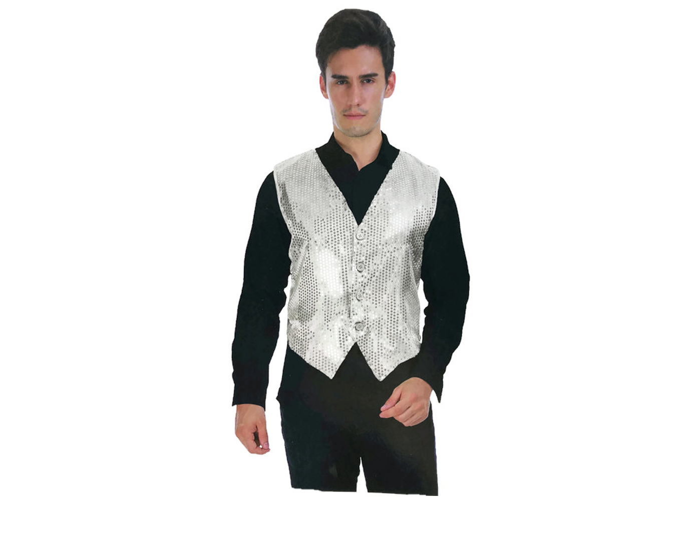 V563-17814-SILVER-202503051826-00 Mens Premium SEQUIN VEST Waistcoat Dance Costume Disco Sparkle Deluxe - Silver - Image 1