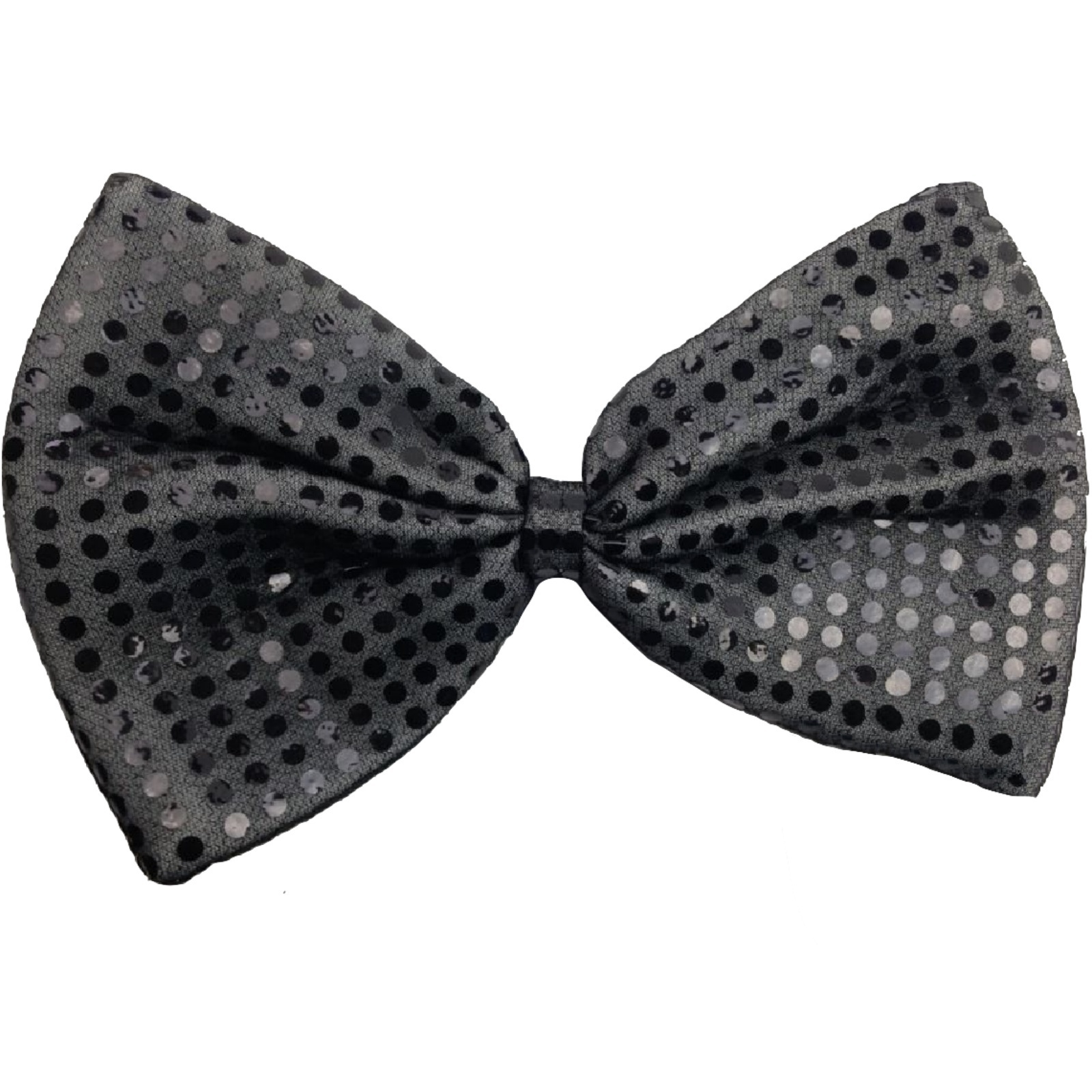 V563-19430-GRYBLKPLKDOT-185076-00 LARGE BOW TIE Sequin Polka Dots Bowtie Big King Size Party Costume - Grey (with black polka dots) - Image 1