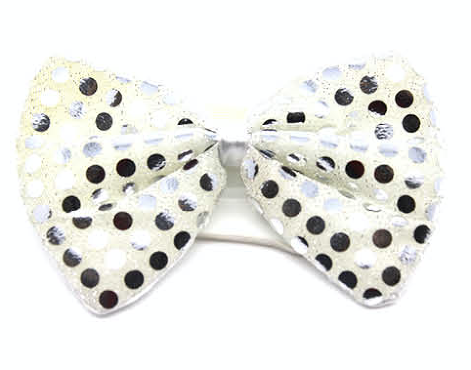 V563-19440-WHT_SLVR-184265-00 SEQUIN BOW TIE Polka Dots Bowtie Party Unisex Costume 13cm x 9cm Clown - White/Silver - Image 1
