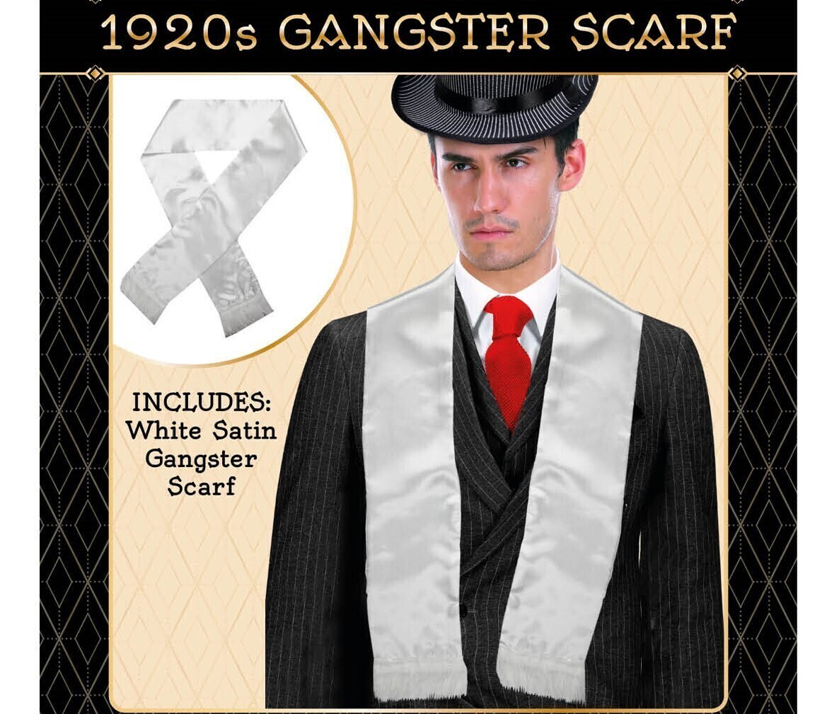 V563-19762-184646-00 Mens Gatsby 1920s Hollywood Gangster White Scarf Silky Soft with Tassels Costume - Image 1