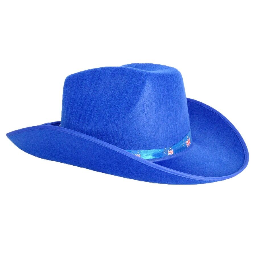 V563-21296-202503030852-00 Blue Felt Cowboy Hat with Australian Flag Ribbon - Festival Costume Accessory - Image 1
