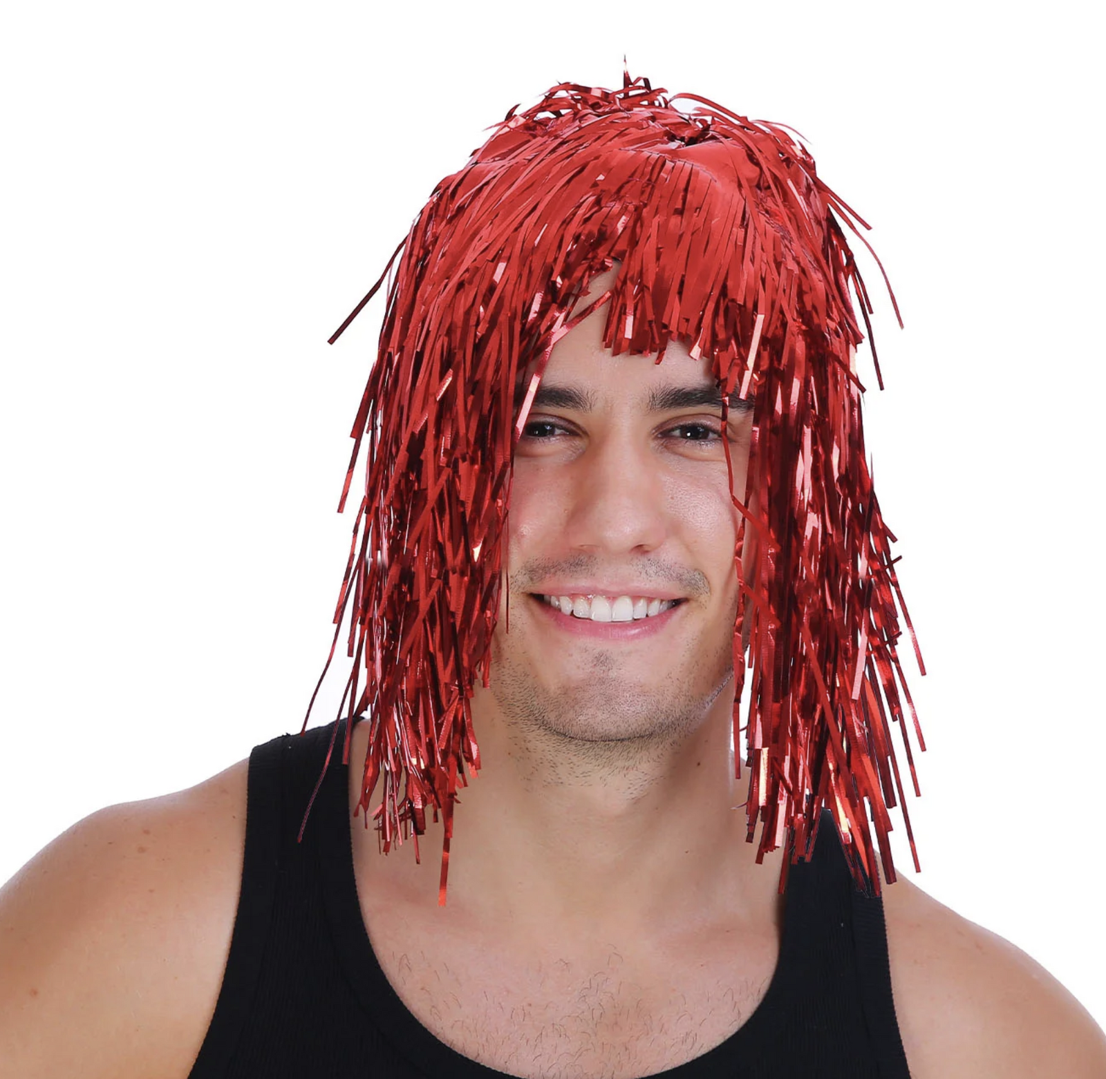 V563-22650-RED-202504071652-00 Tinsel Metallic Wig 70s 50s 20s Costume Mens Womens Unisex Disco Fancy Dress Up - Red - Image 1