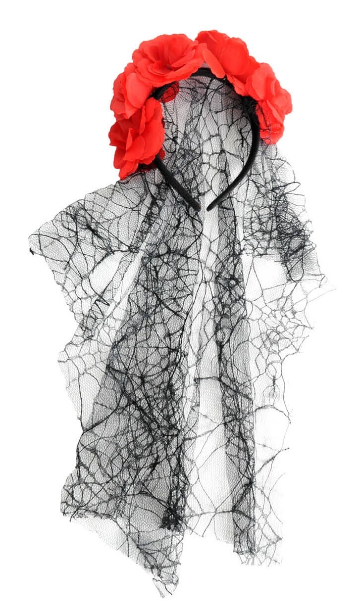 V563-23132-02-184880-00 Halloween Day of the Dead Headband w/ Roses & Lace Veil Halloween Party Dress Up - Image 1