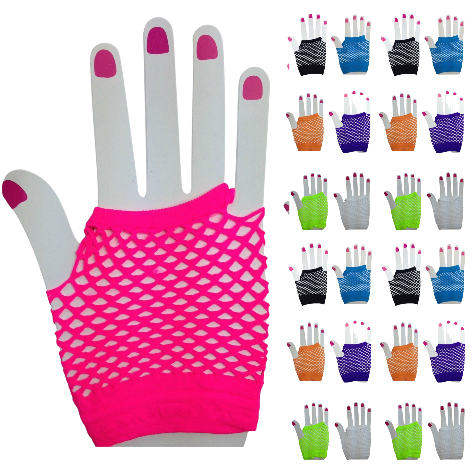 V563-24PCS-18510-ASSTDCP-202506020816-00 24x Fishnet Gloves Fingerless Wrist Length 70s 80s Womens Costume Party Bulk - Assorted Colour Pack - Image 1