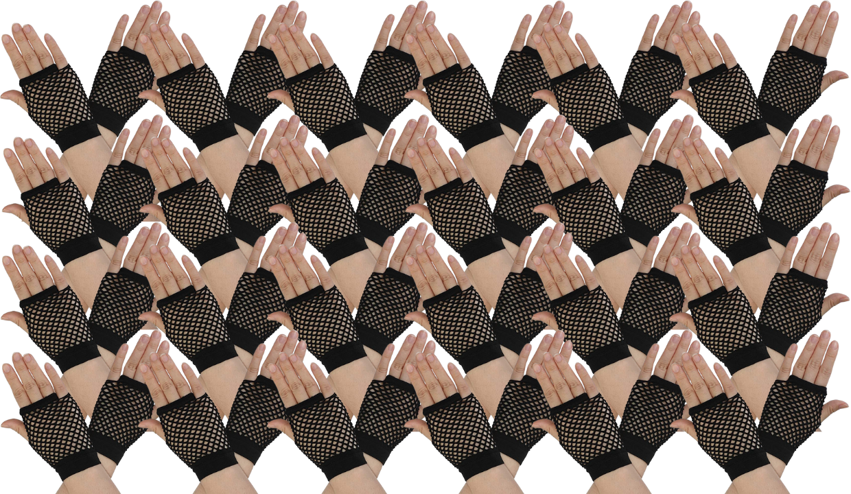 V563-24PCS-18510-BLACK-167464-00 24 Pair Fishnet Gloves Fingerless Wrist Length 70s 80s Costume Party - Black - Image 1
