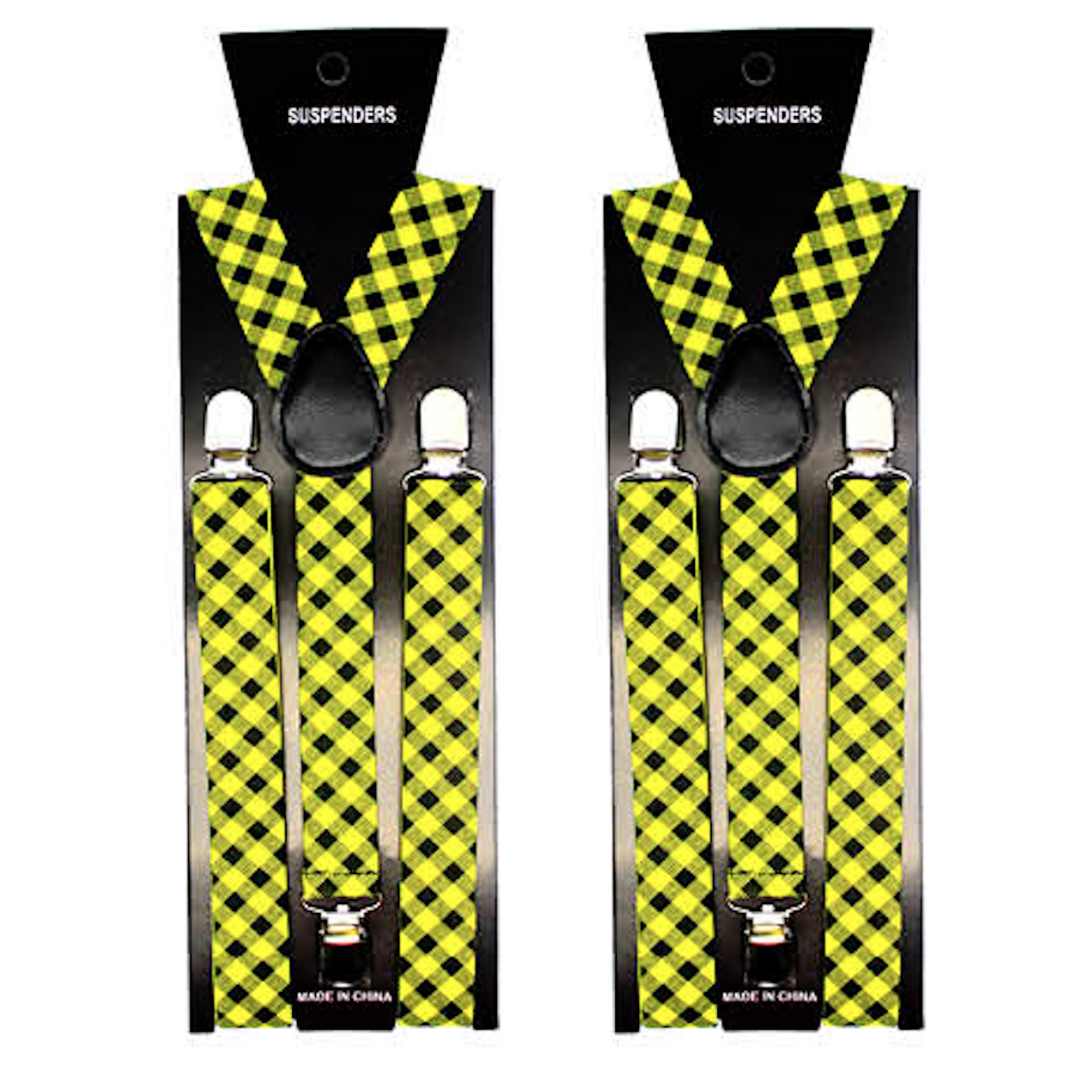 V563-2SLIMSUSPENDERS-BLKYLWCHK-184197-00 2x Mens Suspenders Braces Adjustable Strong Clip On Elastic Formal Wedding Slim - Black/Yellow Check - Image 1