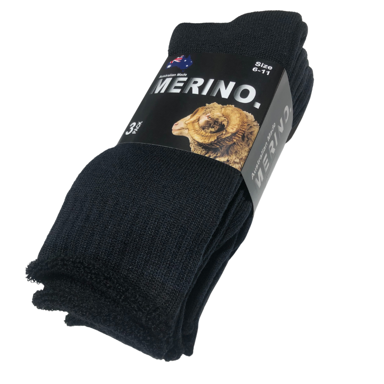 V563-3AUSOCKS-BLK-SIZE6-11-202502280920-00 3 Pairs MERINO WOOL SOCKS Mens Heavy Duty Premium Thick Work Socks Cushion - Black - 6-11 - Image 1