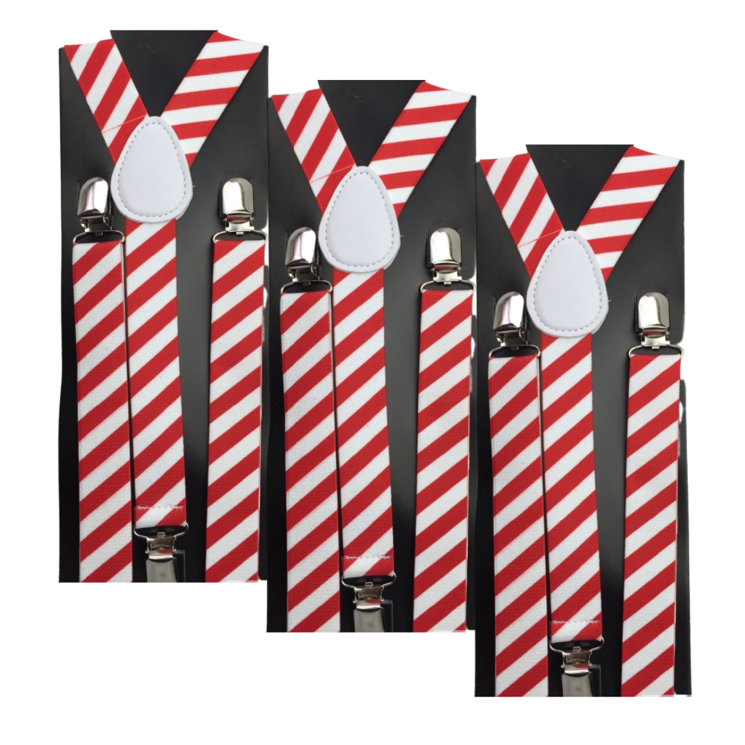 V563-3SLIMSUSPENDREDWHTDIAGSTR-184588-00 3x Mens Suspenders Braces Adjustable Strong Clip On Elastic Formal Wedding Slim - Red/White Diagonal Stripes - Image 1