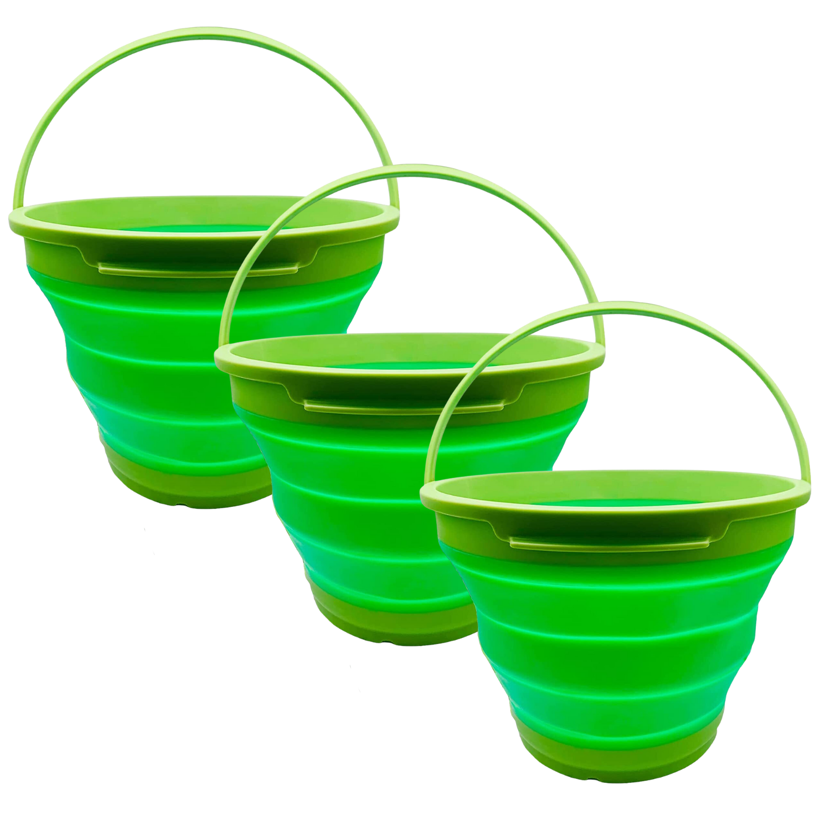 V563-75192-GREEN-3X-173931-00 3x 7L Foldable Collapsible Silicone Bucket for Hiking/Camping/Fishing - Green - Image 1