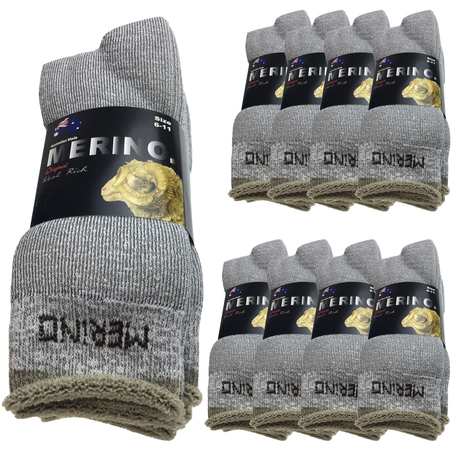 V563-9AUSOCKS-GRY-11-14-202502280915-00 9 Pairs MERINO WOOL SOCKS Mens Heavy Duty Premium Thick Work Socks Cushion BULK - Grey - 11-14 - Image 1