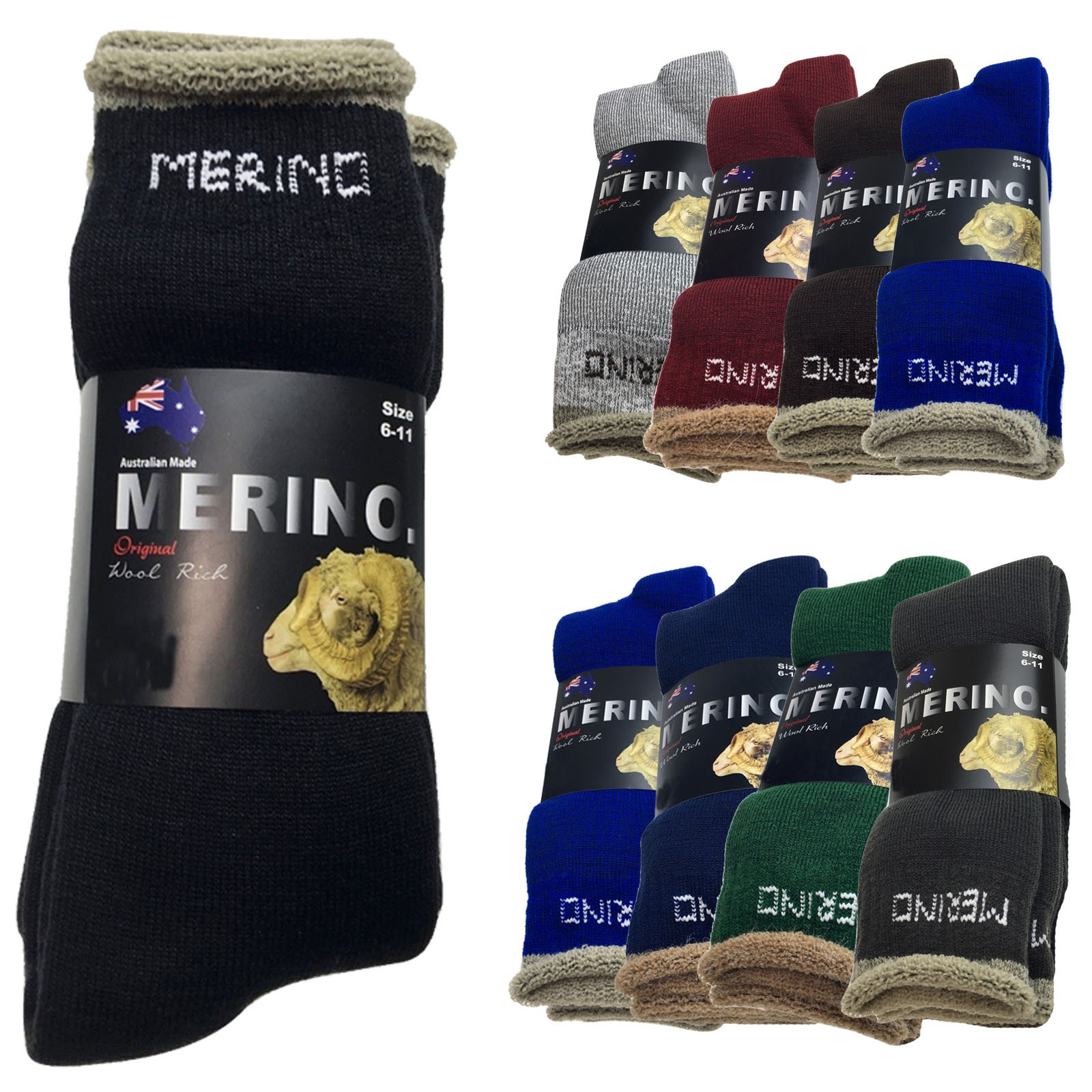V563-9AUSOCKS-MIX-6-11-202502280915-00 9 Pairs MERINO WOOL SOCKS Mens Heavy Duty Premium Thick Work Socks Cushion BULK - Mystery Mix of 2 Colours - 6-11 - Image 1