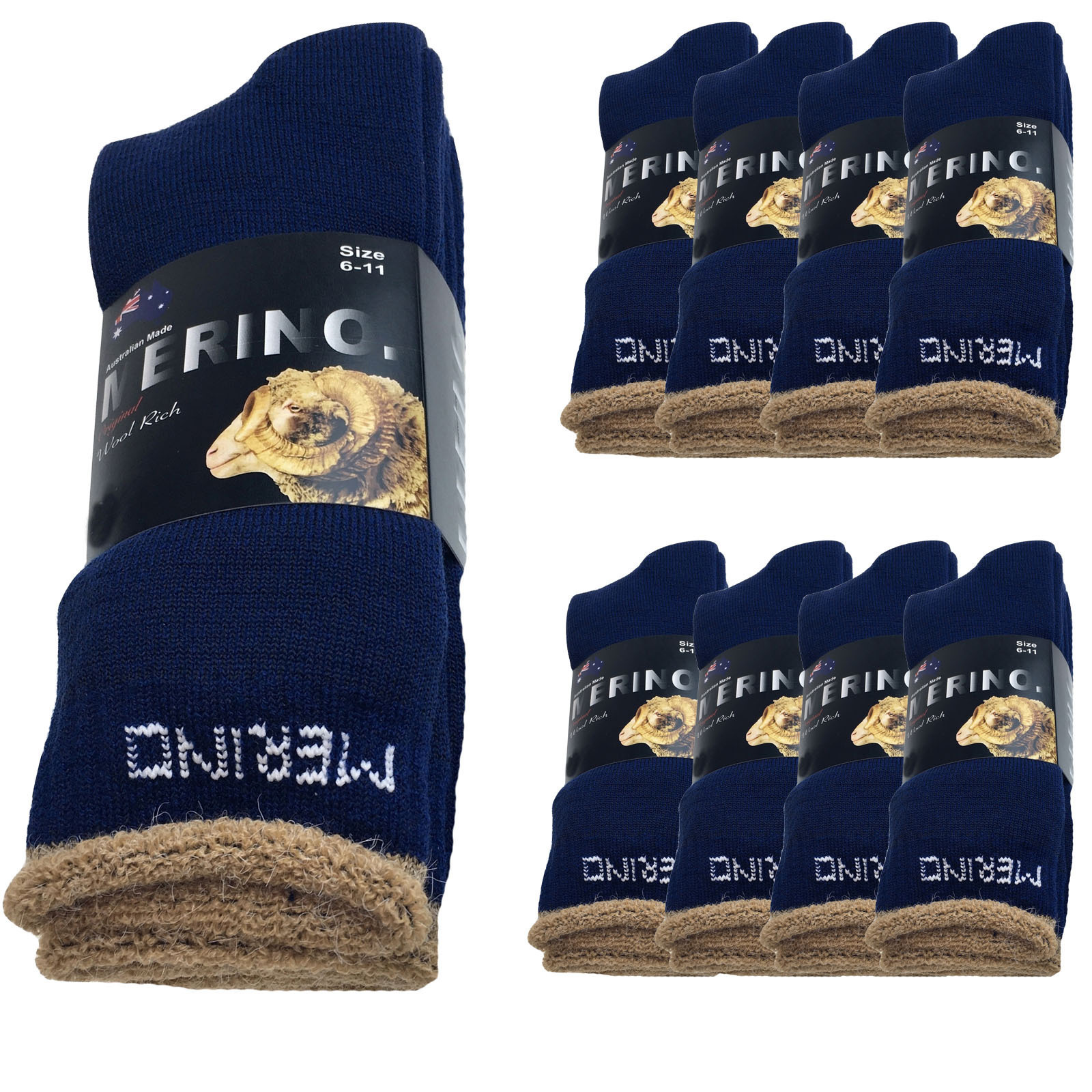 V563-9AUSOCKS-NVY-6-11-202502280915-00 9 Pairs MERINO WOOL SOCKS Mens Heavy Duty Premium Thick Work Socks Cushion BULK - Navy Blue - 6-11 - Image 1