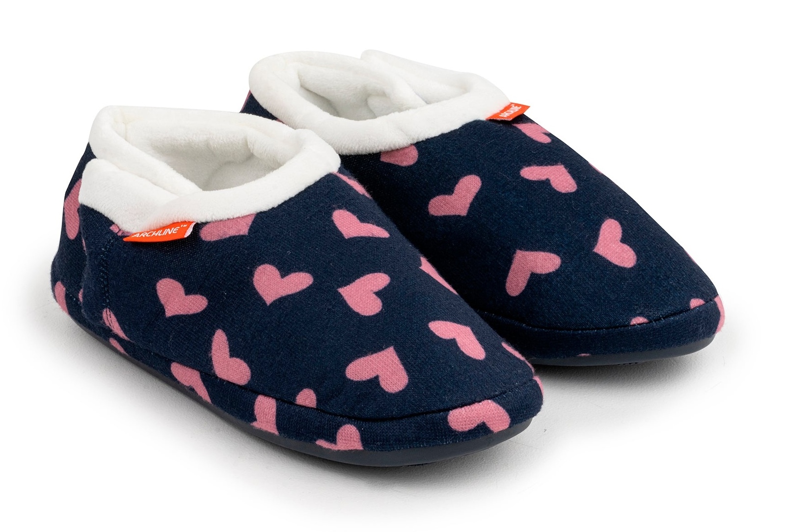 V563-AS401-NVYHRT-43-202503051915-00 ARCHLINE Orthotic Slippers CLOSED Arch Scuffs Moccasins Pain Relief in Navy Hearts - EUR43 - Image 1