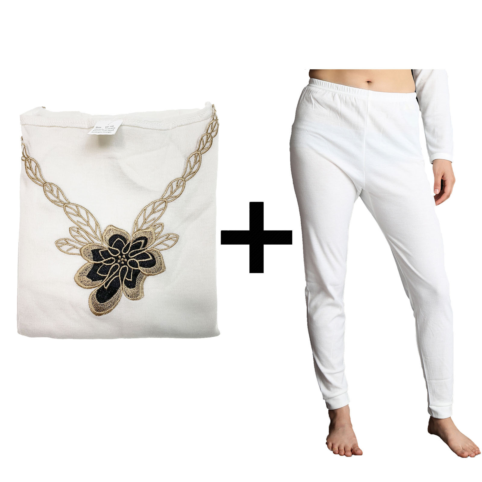 V563-BB-2PCLFSET-BEI-10_12-202503051835-00 2pcs Set Womens Merino Wool Blend Pants & Top Underwear Leggings Thermal Thermals - Beige - 10-12 - Image 1