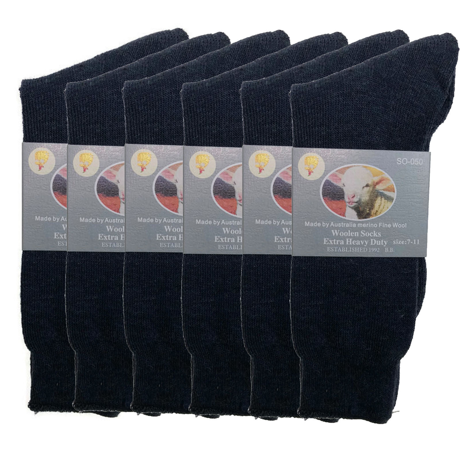 V563-BB-6MWSOX-NVY-11_14-202503051745-00 6 Pairs Merino Wool Blend Woolen Work Socks Hiking Heavy Duty Warm Thermal Bulk - Navy - 11-14 - Image 1