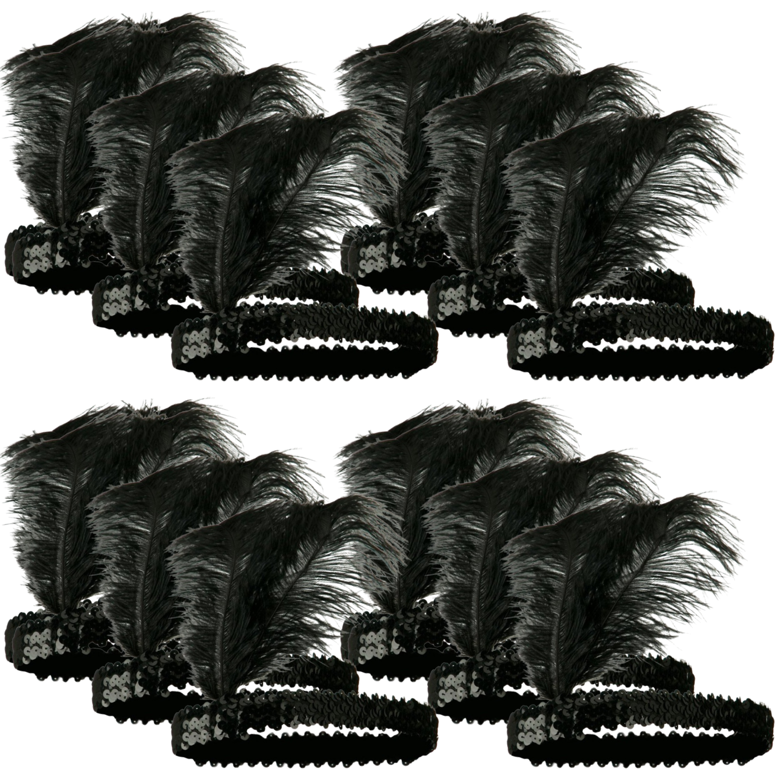 V563-BR-12FLAPPERHDBND-BLK-202503072106-00 12x 1920s FLAPPER HEADBAND Headpiece Feather Sequin Charleston Gatsby Party BULK - Black - Image 1