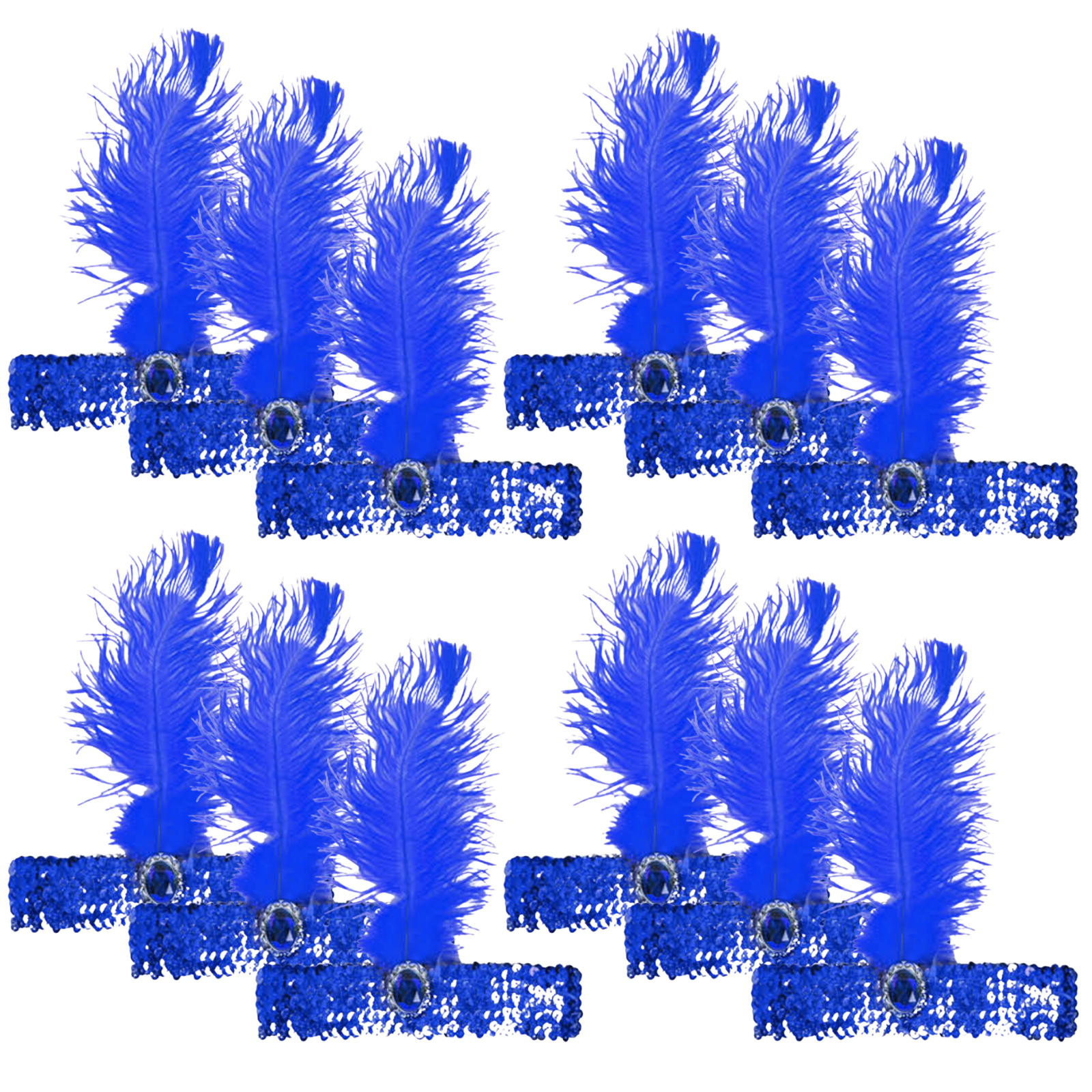 V563-BR-12FLAPPERHDBND-BLU-202503072106-00 12x 1920s FLAPPER HEADBAND Headpiece Feather Sequin Charleston Gatsby Party BULK - Blue - Image 1
