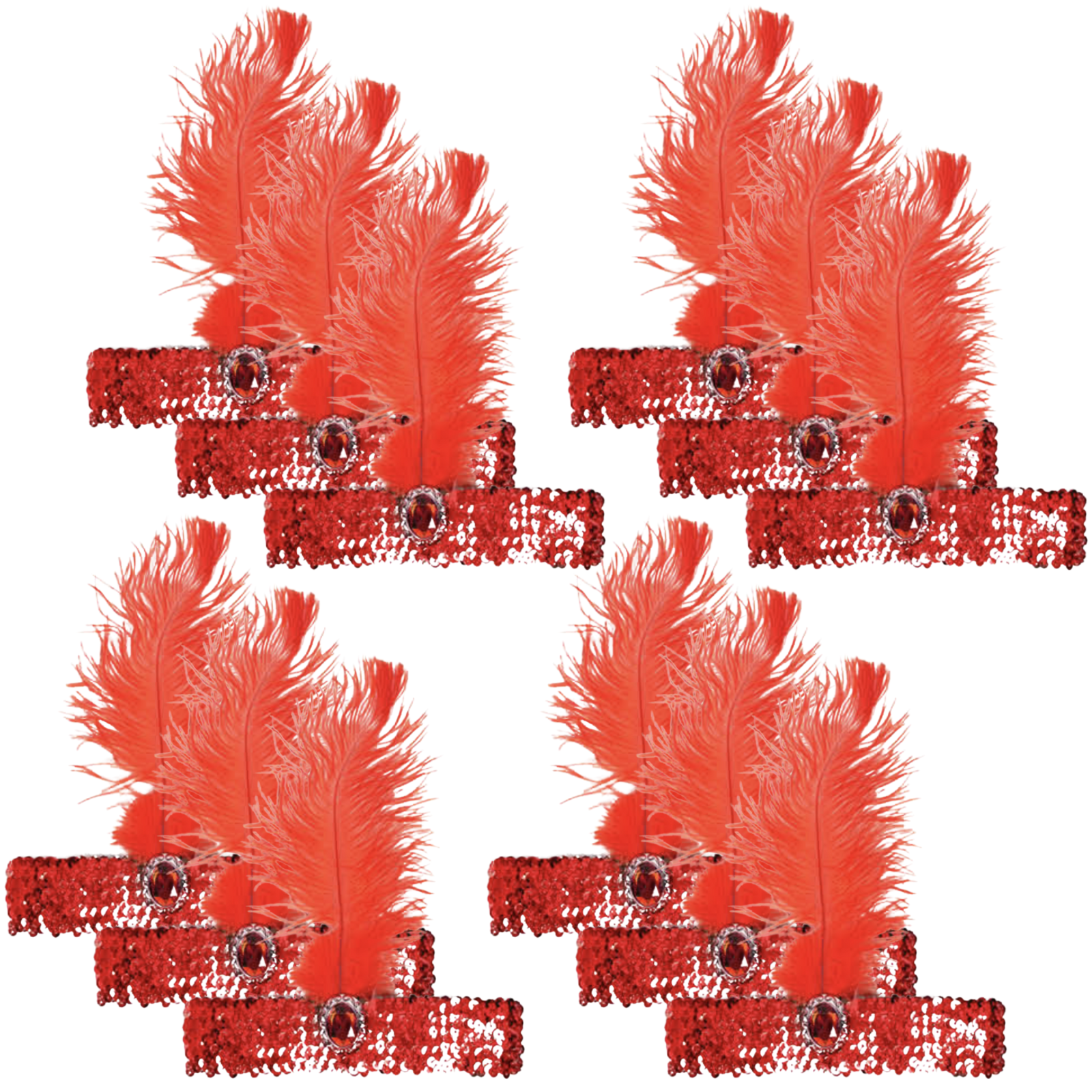 V563-BR-12FLAPPERHDBND-RED-202503072110-00 12x 1920s FLAPPER HEADBAND Headpiece Feather Sequin Charleston Gatsby Party BULK - Red - Image 1