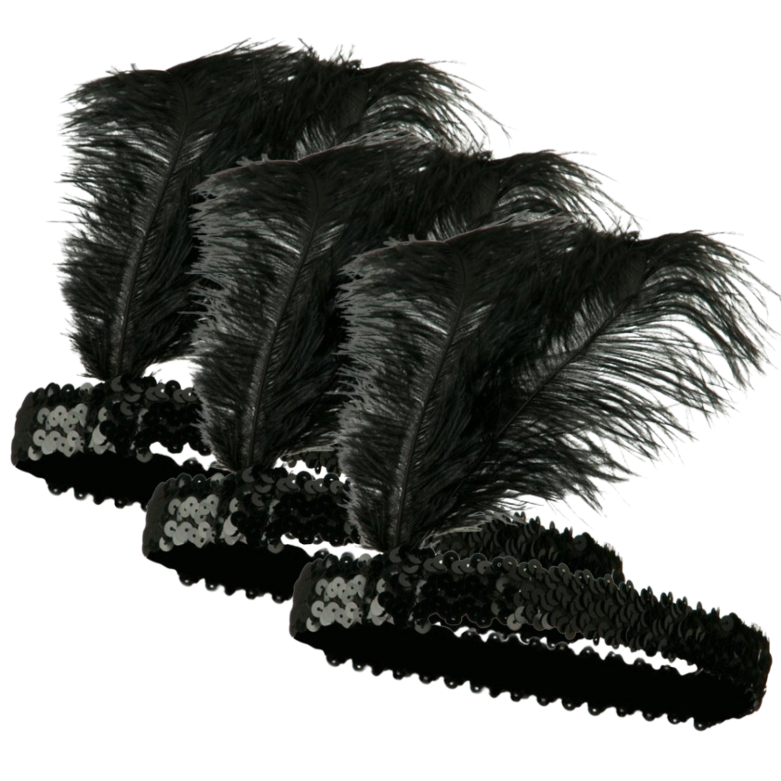 V563-BR-3FLAPPERHDBND-BLK-184126-00 3x 1920s FLAPPER HEADBAND Headpiece Feather Sequin Charleston Costume Gatsby - Black - Image 1