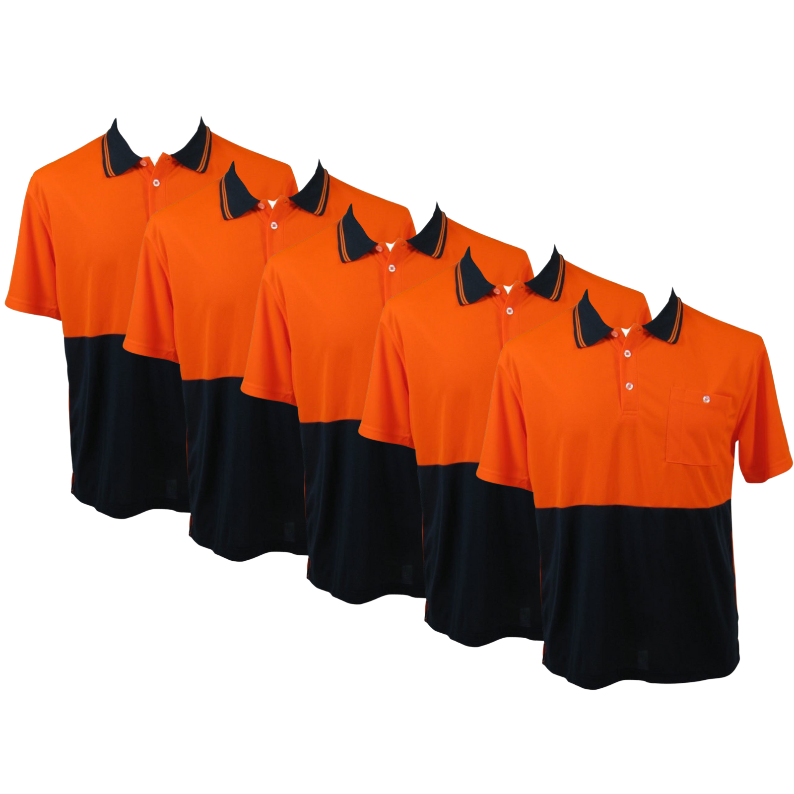 V563-BR-5WRKPOLO-ORNGNAVY-L-202503051911-00 5x HI VIS Polo Shirt Top Tee Safety Workwear Short Sleeve Breathable Mesh BULK - Orange/Navy - L (18) - Image 1