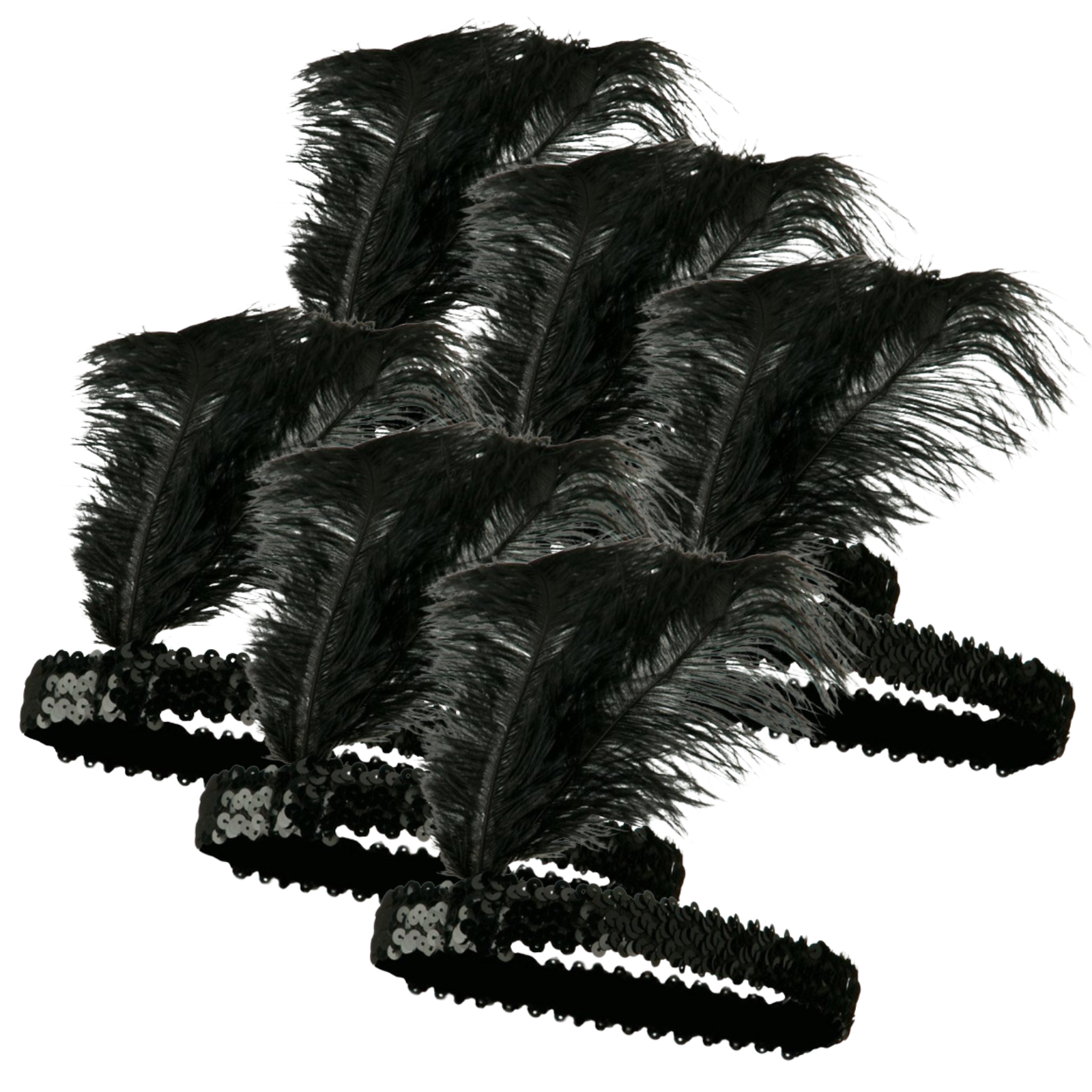 V563-BR-6FLAPPERHDBND-BLK-197204-00 6x 1920s FLAPPER HEADBAND Headpiece Feather Sequin Charleston Costume Party BULK - Black - Image 1