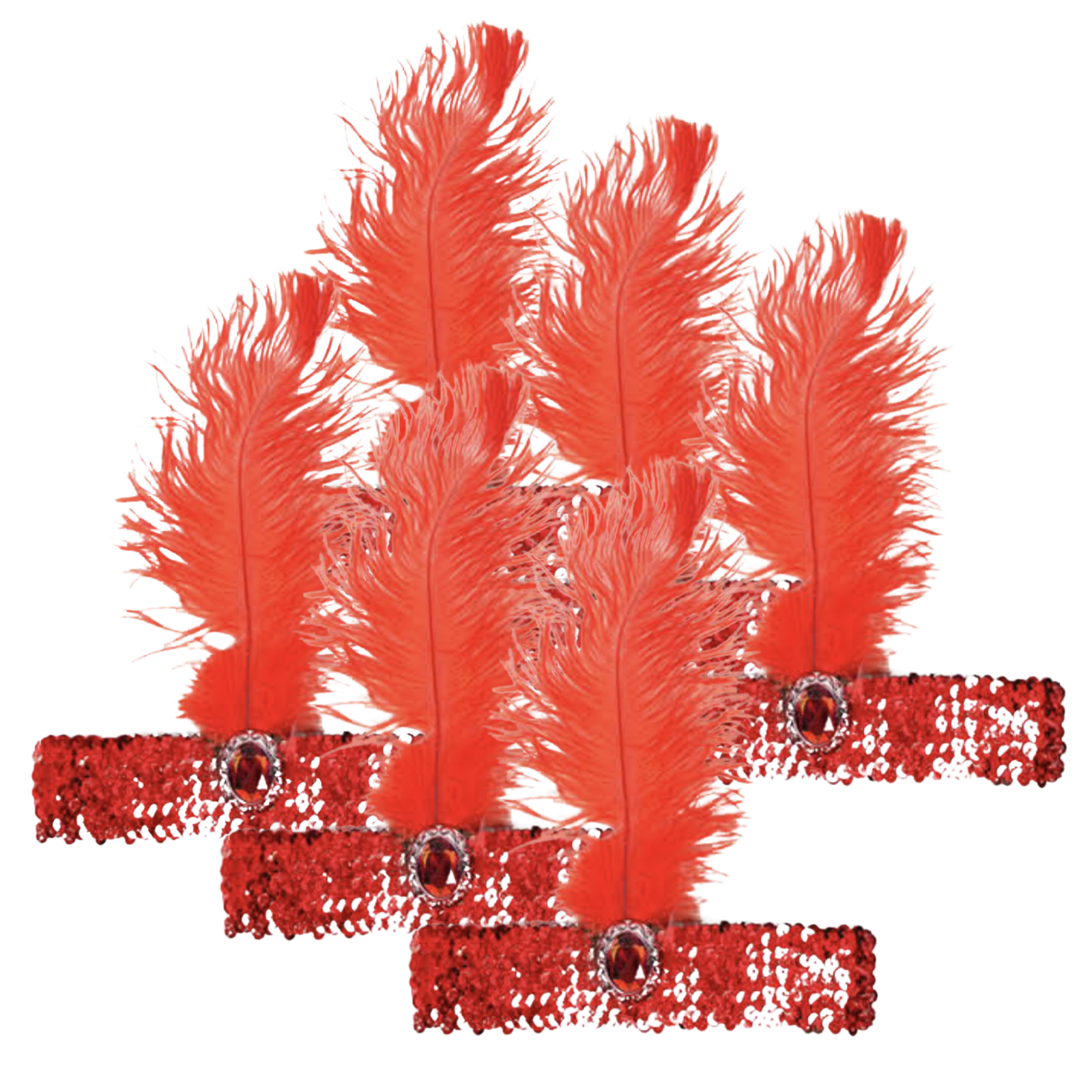 V563-BR-6FLAPPERHDBND-RED-197211-00 6x 1920s FLAPPER HEADBAND Headpiece Feather Sequin Charleston Costume Party BULK - Red - Image 1