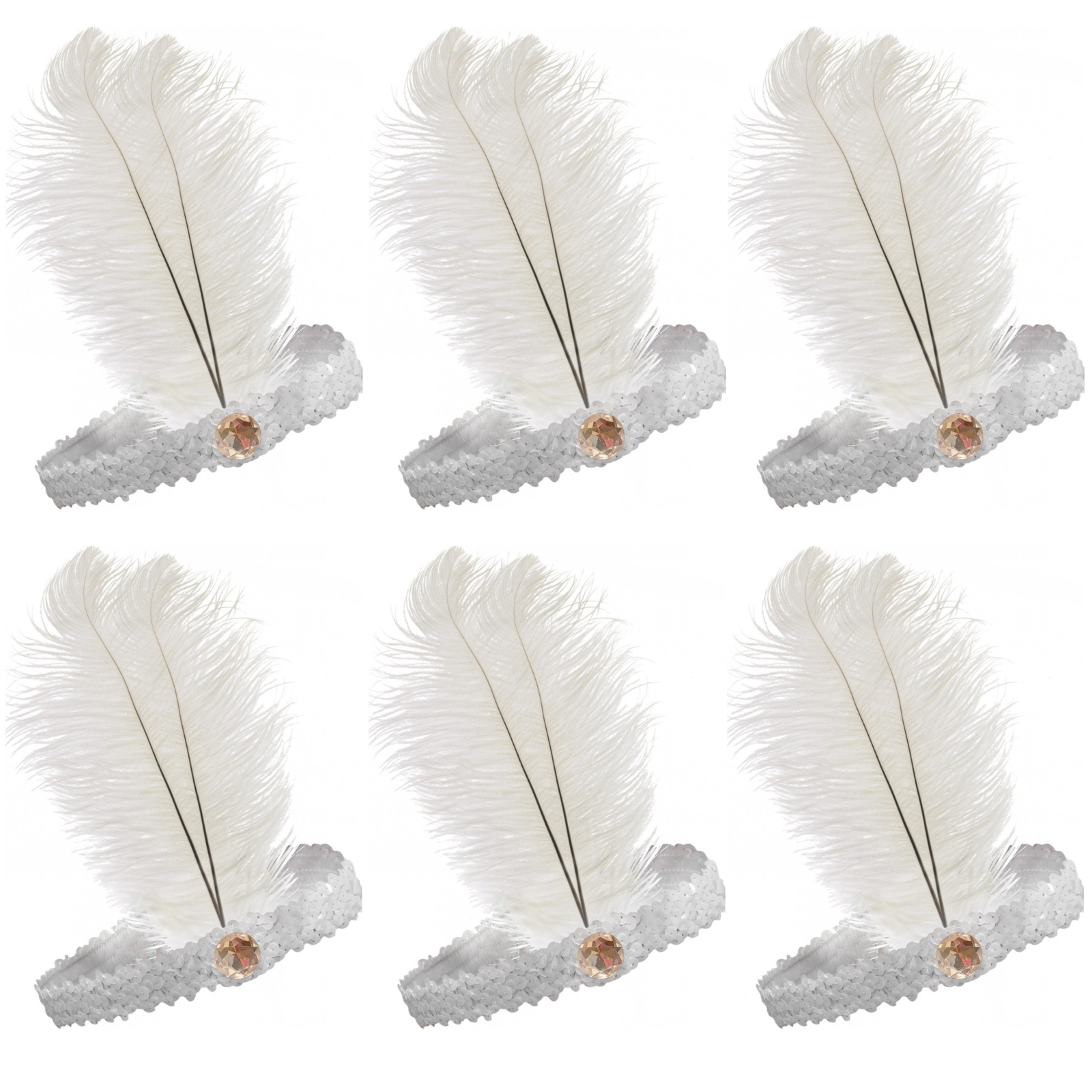 V563-BR-6FLAPPERHDBND-WHT-197212-00 6x 1920s FLAPPER HEADBAND Headpiece Feather Sequin Charleston Costume Party BULK - White - Image 1