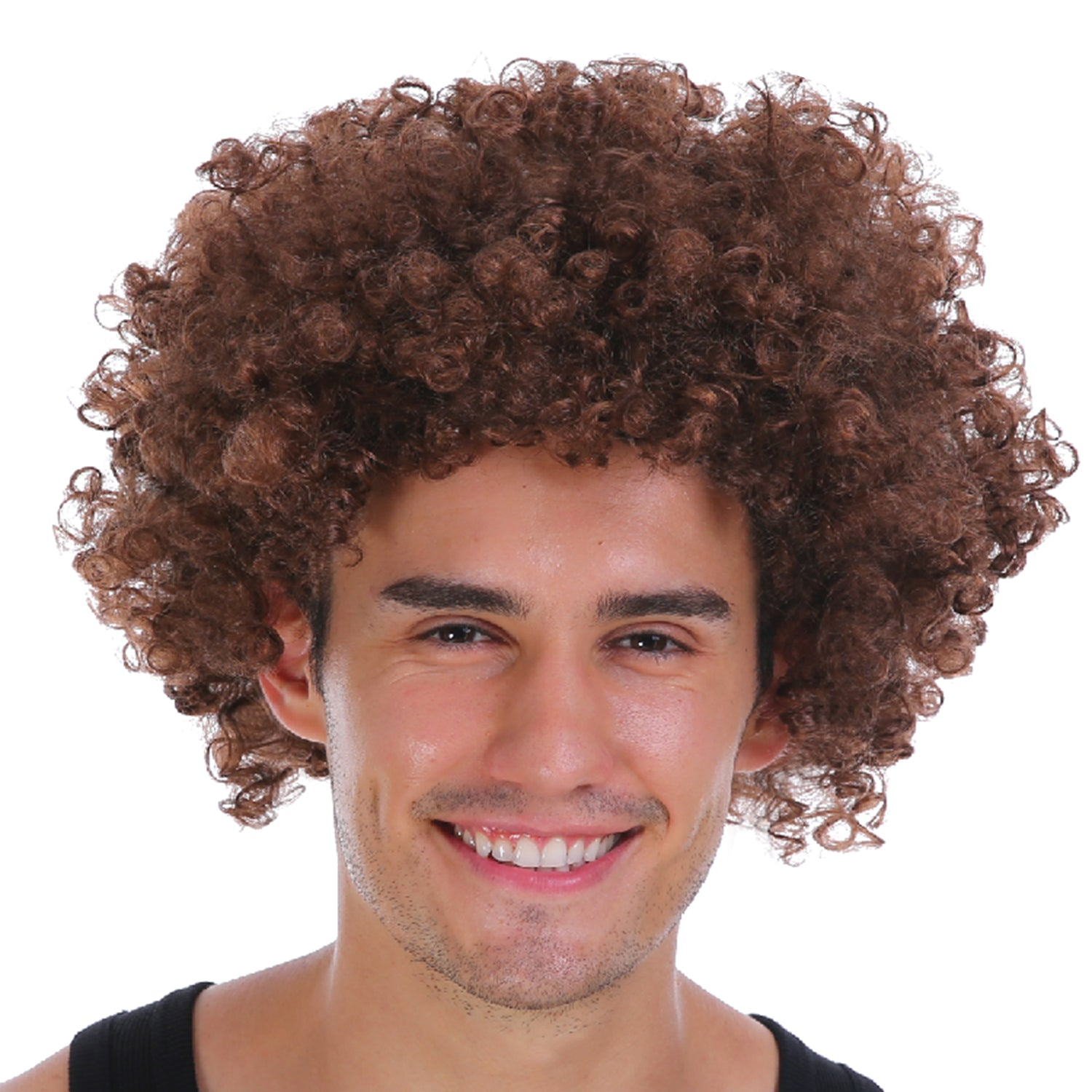 V563-BR-AFRO-BRWN-184955-00 Mens DELUXE AFRO WIG Curly Hair Costume Party Fancy Disco 70s 80s Dress Up - Brown - Image 1