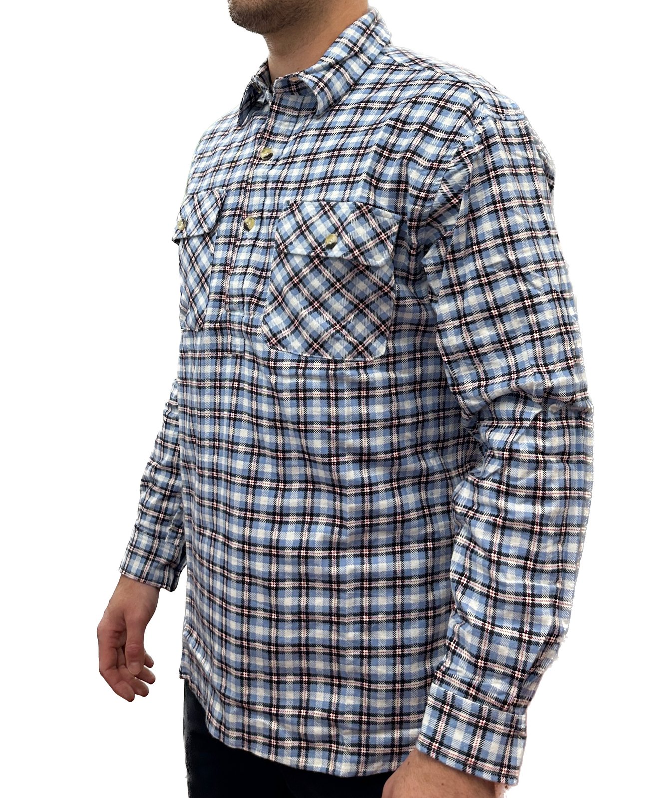 V563-BR-FLANSM-40-HFPKT-M-202503051516-00 Mens Flannelette Long Sleeve Pullover Shirt 100% Cotton Flannel - Half Placket - Blue Check - M - Image 1
