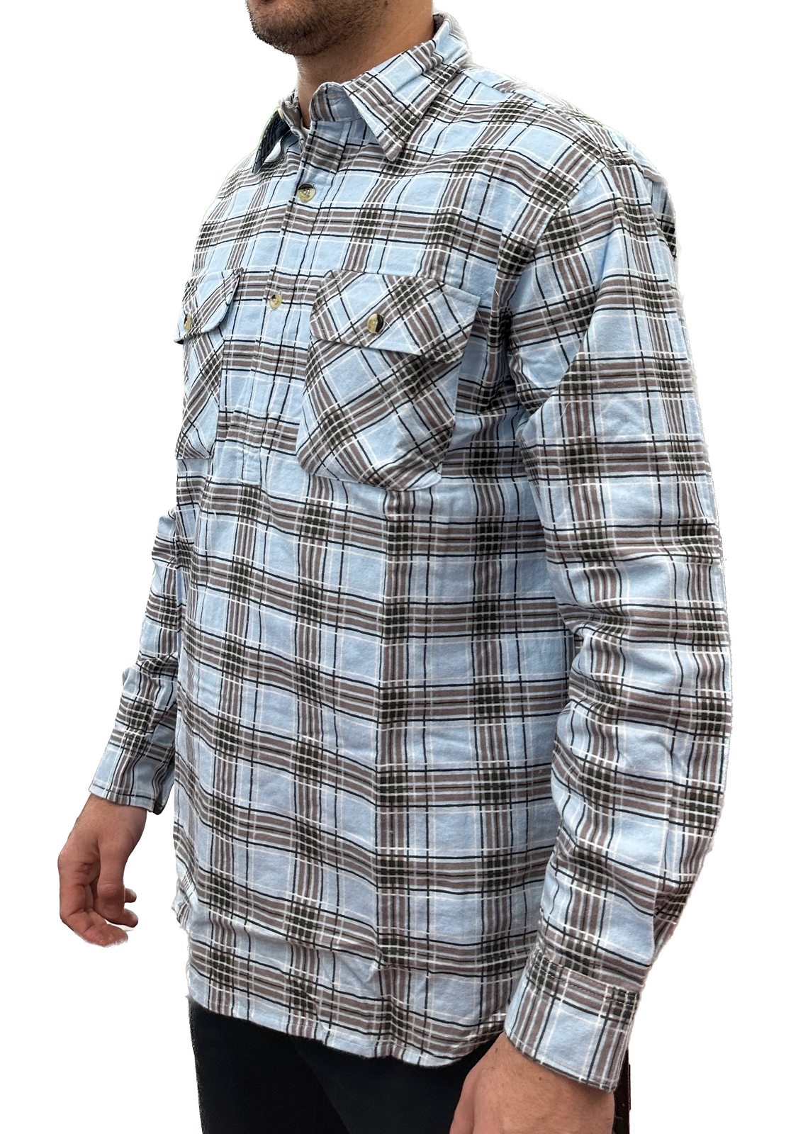 V563-BR-FLANSM-60-HFPKT-M-202503051516-00 Mens Flannelette Long Sleeve Pullover Shirt 100% Cotton Flannel - Half Placket - Sky Blue/Grey Check - M - Image 1