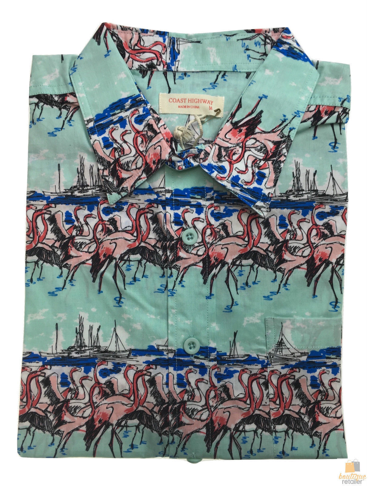 V563-BR-HWNSHT-FLAMSHR0498-S-202503051711-00 Mens Oahu Hawaiian Party Shirt Button Hippie Tops Short Sleeve Beach Holiday - Flamingo On Shore (0498) - S - Image 1