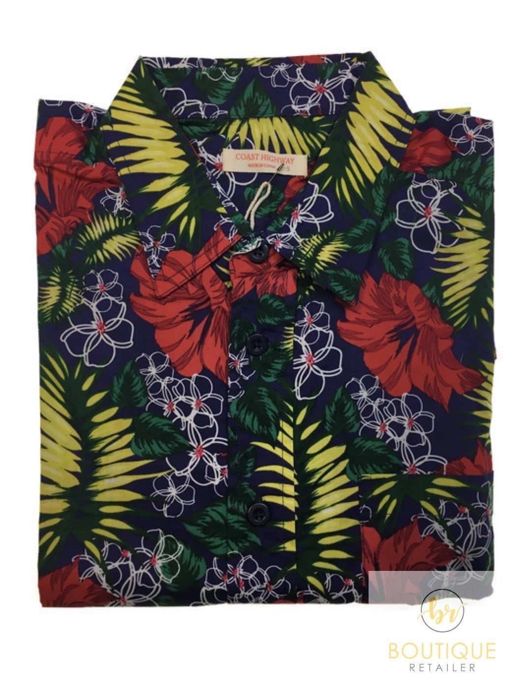 V563-BR-HWNSHT-HBCUSFLWR1421-S-202503051715-00 Mens Oahu Hawaiian Party Shirt Button Hippie Tops Short Sleeve Beach Holiday - Hibiscus Flower (1421) - S - Image 1