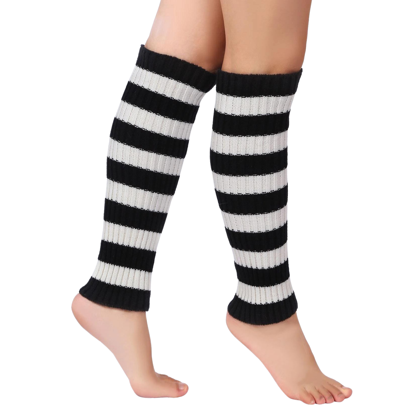 V563-BR-LEGW-BLKWHTSTR-202503052151-00 Pair of Womens Leg Warmers Disco Winter Knit Dance Party Crochet Legging Socks Costume - Black/White Stripe - Image 1