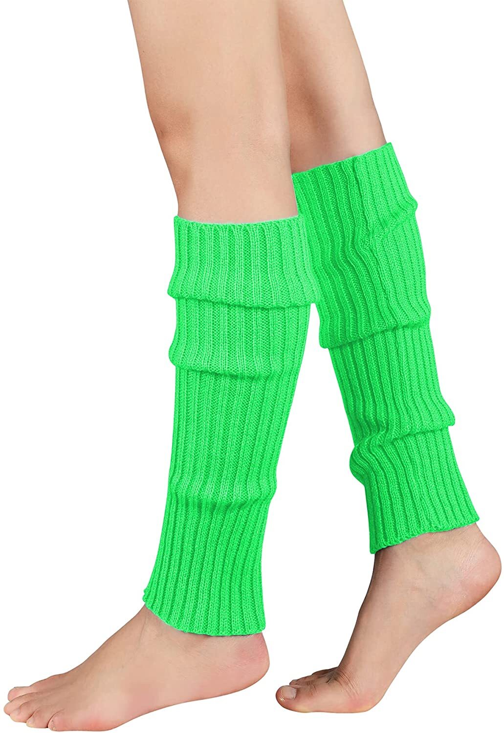 V563-BR-LEGW-FLUGRN-202503052210-00 Pair of Womens Leg Warmers Disco Winter Knit Dance Party Crochet Legging Socks Costume - Fluro Green - Image 1