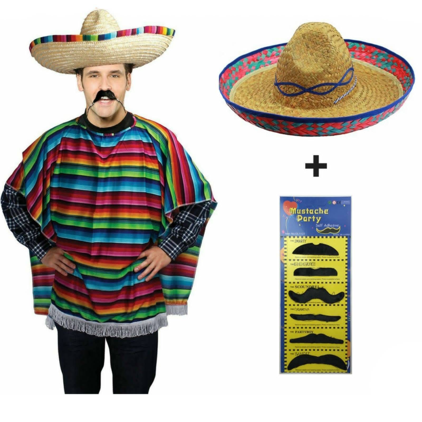 V563-BR-MEXSOMBSET-202505231030-00 MEXICAN PONCHO & SOMBRERO SET Costume Wild West Moustache Cowboy Bandit Party - Image 1