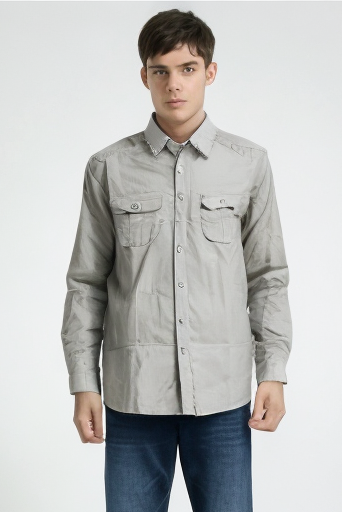 V563-BR-MPSLSLEV-S-GREY-202503051740-00 Mens Plain Slim 100% Cotton Long Sleeve Shirt Button Up Stylish Business Casual - Grey - S - Image 1