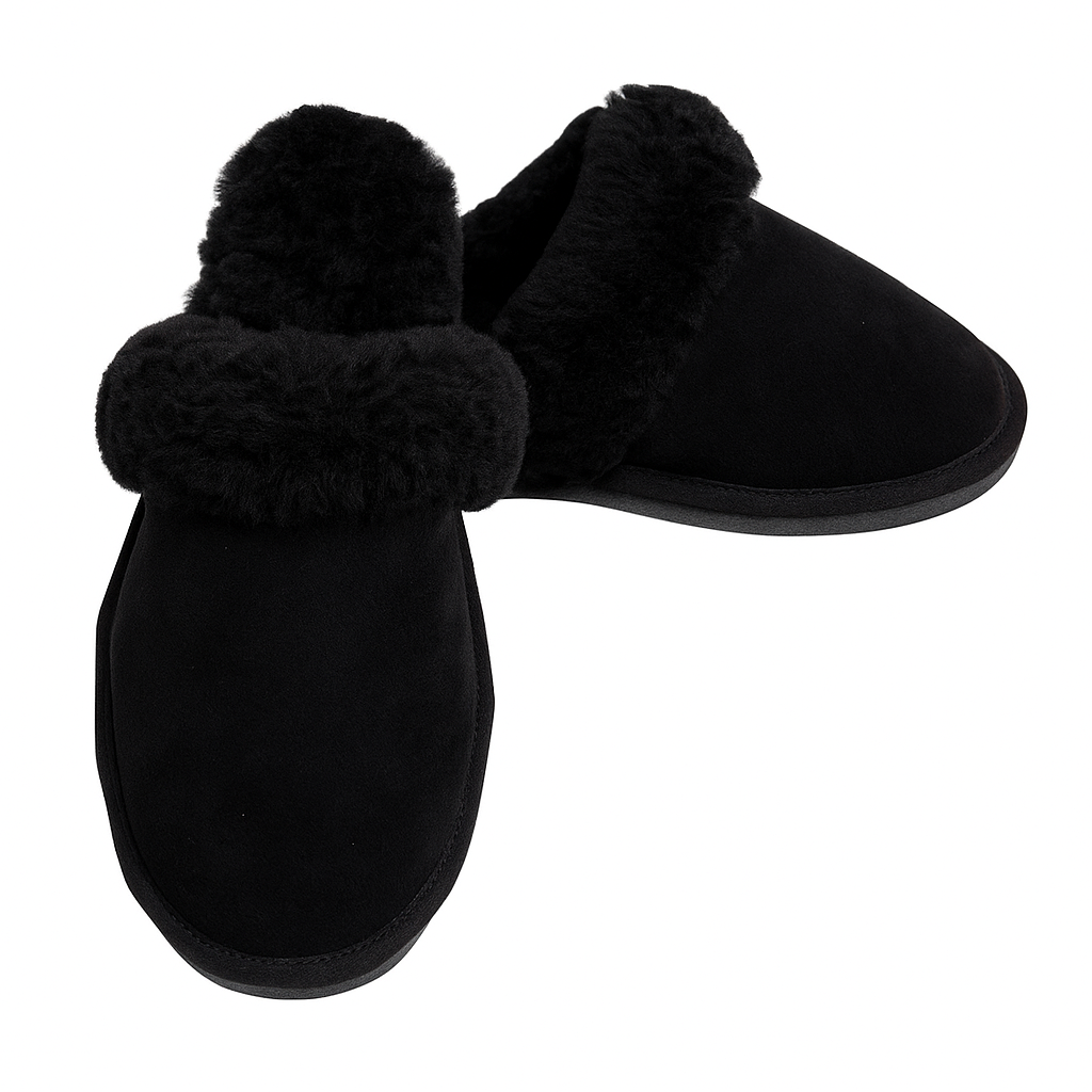 V563-BR-SHEEPSCUFFS-BLKFR-7-202506231235-00 Sheepskin Wool Womens Slippers Scuffs Slip On Winter Ugg Slippers in Black - 7 - Image 1
