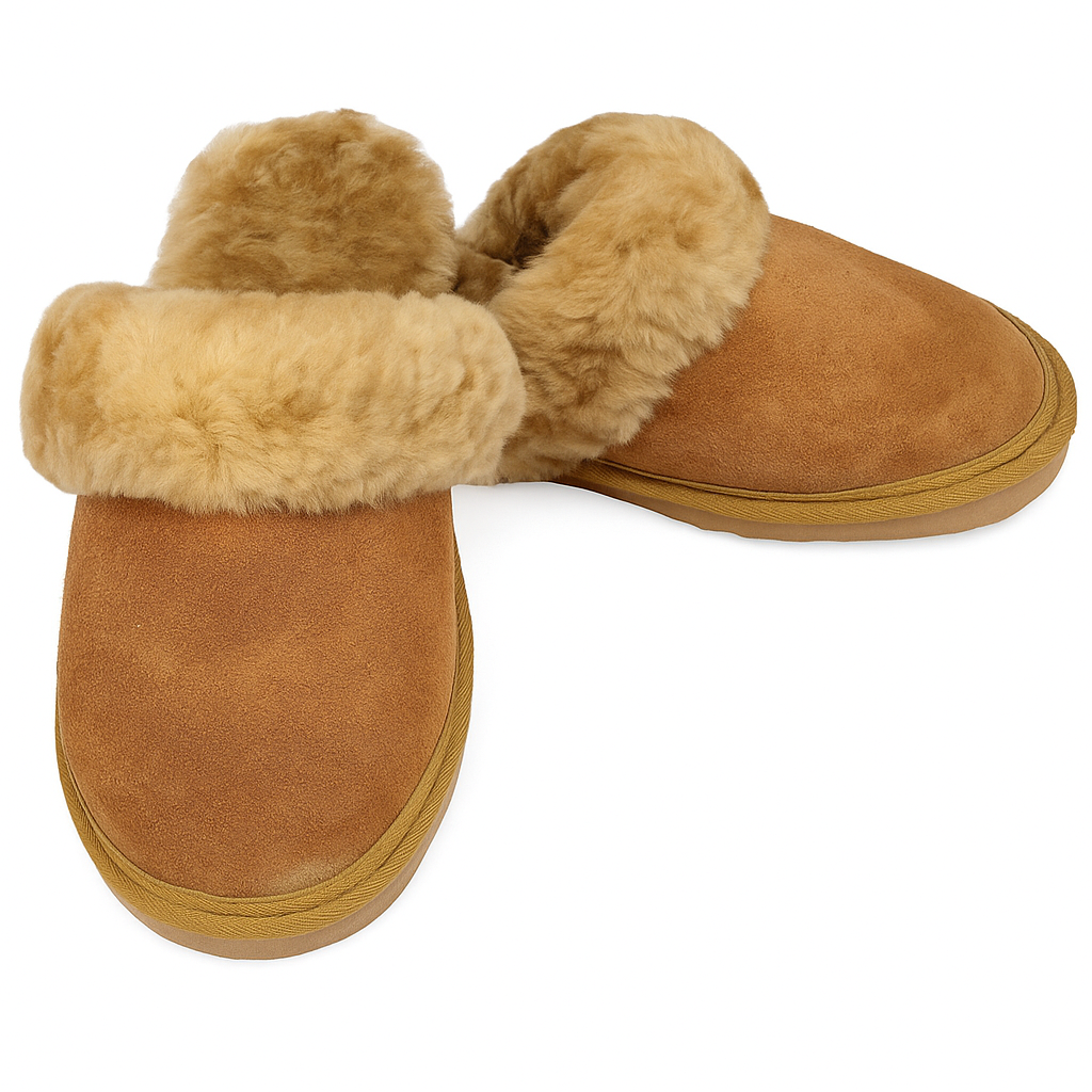 V563-BR-SHEEPSCUFFS-CNTFR-10-202506231235-00 Sheepskin Wool Womens Slippers Scuffs Slip On Winter Ugg Slippers in Chestnut - 10 - Image 1