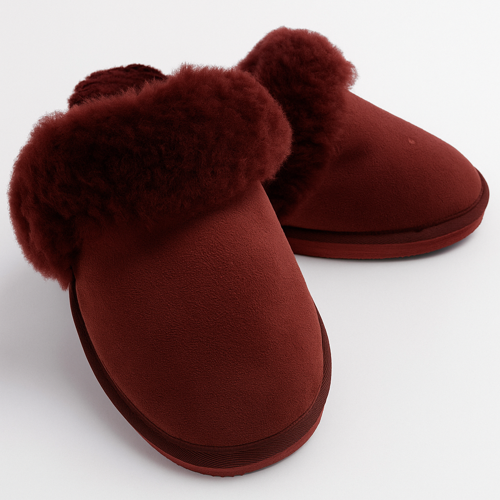 V563-BR-SHEEPSCUFFS-REDFR-9-202506231240-00 Sheepskin Wool Womens Slippers Scuffs Slip On Winter Ugg Slippers in Burgundy/Red - 9 - Image 1