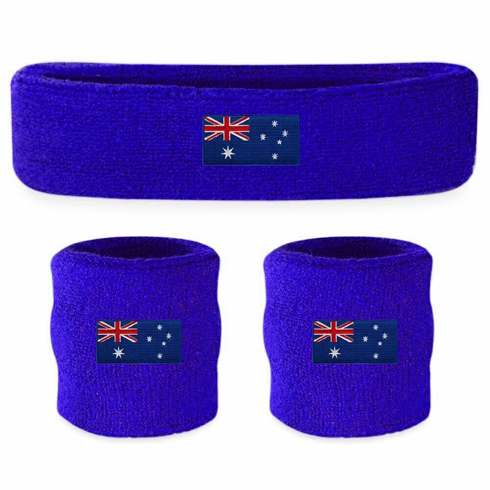 V563-BR-WRISTXHBSET-AUSFLG-184592-00 WRISTBAND & HEADBAND SET Tennis Terry Towelling Cotton Sweat Band Team Gym - Australia Flag - Image 1