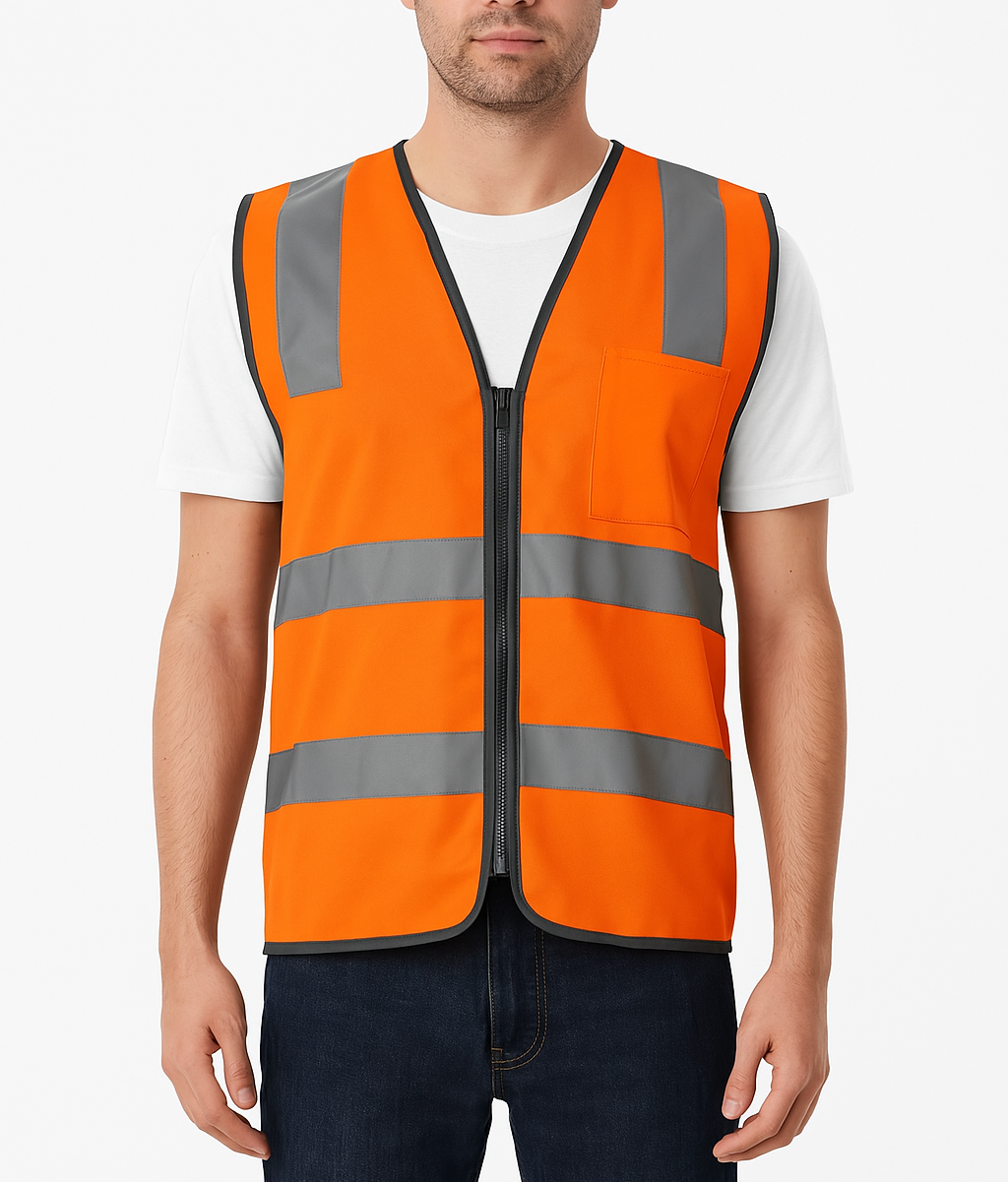 V563-CL-033-ORG-XXL-202506231245-00 Hi Vis Safety Vest Reflective Tape Zip Up Workwear Pocket High Visibility in Orange - XXL - Image 1
