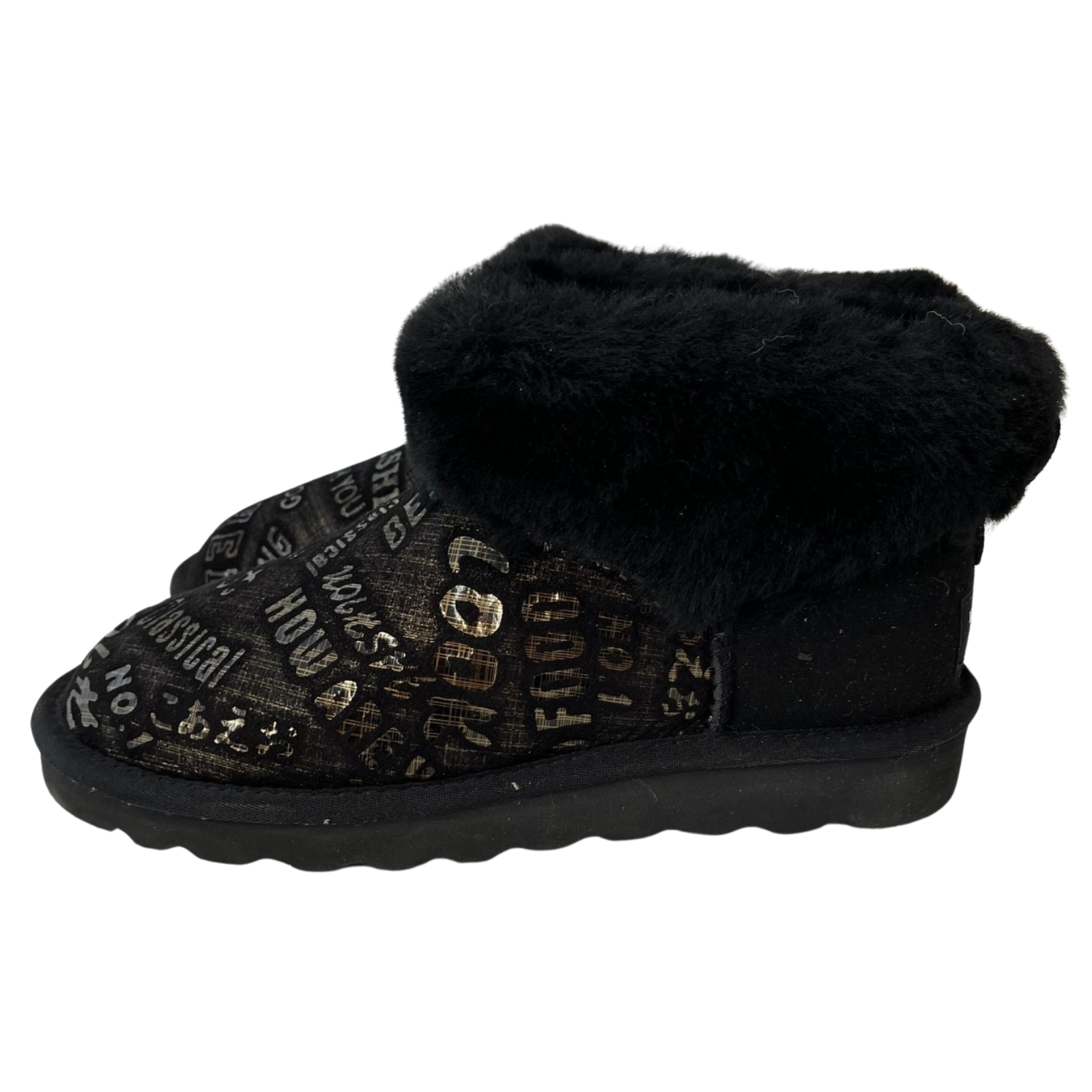 V563-D2390-BLACK-4-202506241252-00 Womens Australian Sheepskin Wool Fur Mini UGG Ankle Boots in Gold Black - 4 - Image 1